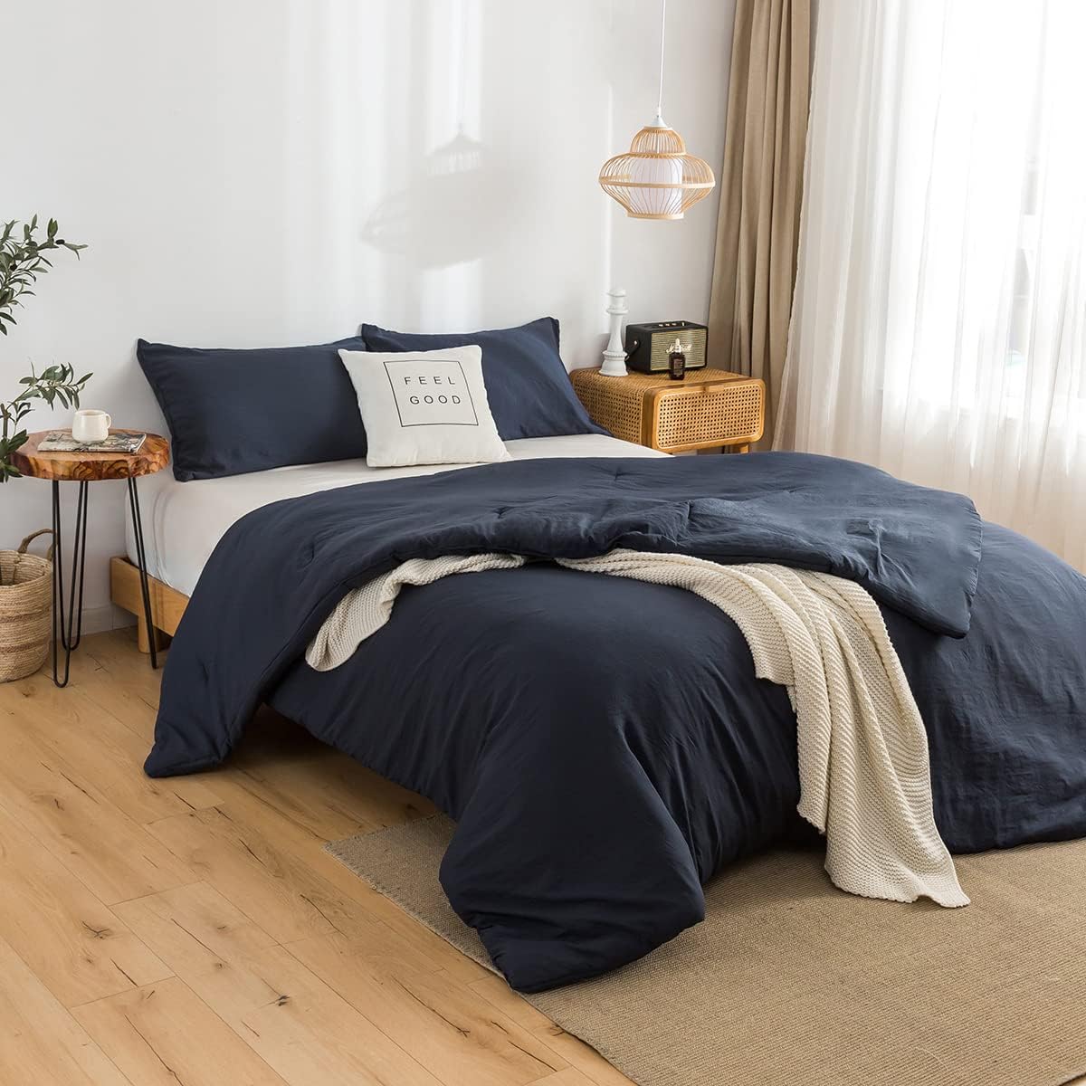 Dluxe Ave. ( CALI./ KING ) 3 Pcs Comforter Set/ Double Silky Soft, Reversible Shaggy Fluffy Comforter/ Dark Navy Blue