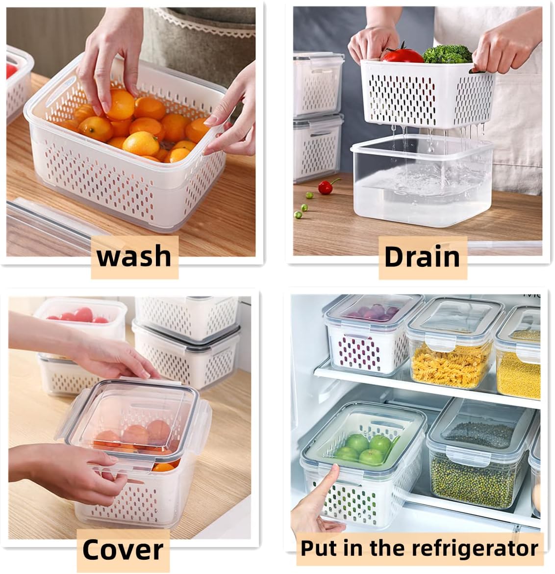 Dluxe Ave. 5 PCS Large Produce Saver Containers for Refrigerator Organizer/ BPA free Plastic with Lid & Colander