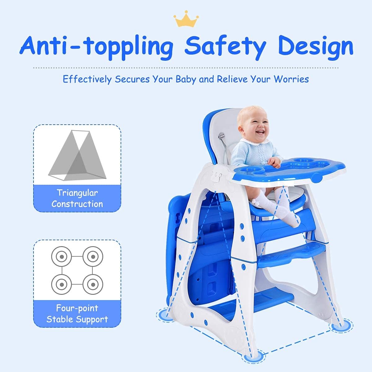 Dluxe Ave. HOMGX 3 in 1 Baby High Chair Infant Table and Chair Set Convertible Compact Toddler Highchair with Adjustable Backrest & Dishwasher Safe Tray (Blue)