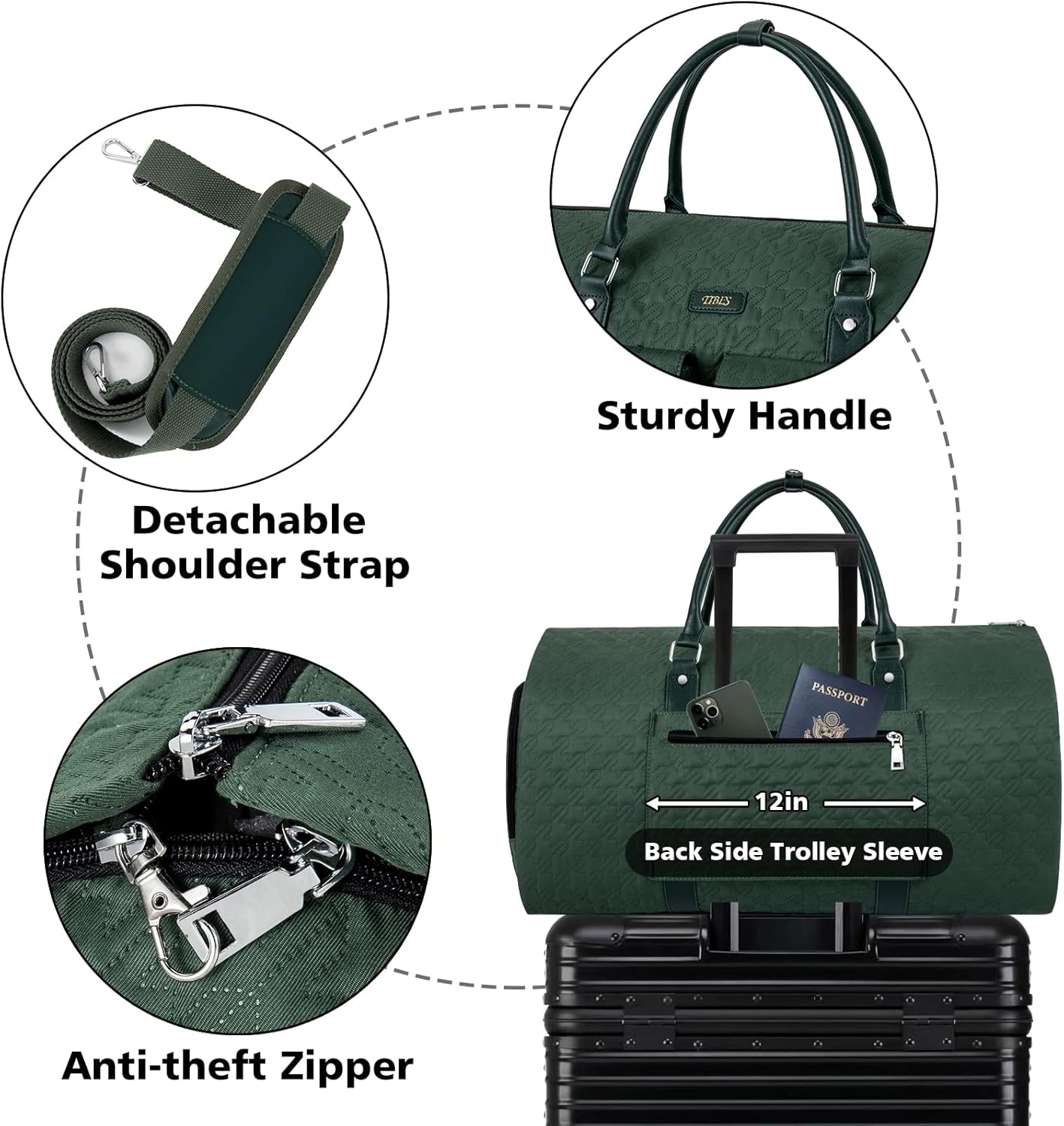 Dluxe Ave. Convertible Carry On/ Travel Duffel Bag/ 2 in 1 Hanging Suitcase /3pcs Set (Hunter Green)