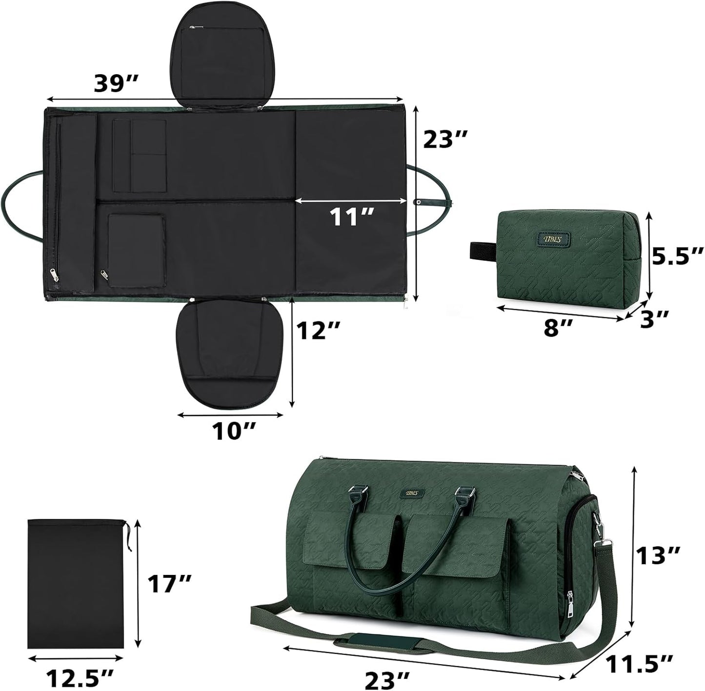 Dluxe Ave. Convertible Carry On/ Travel Duffel Bag/ 2 in 1 Hanging Suitcase /3pcs Set (Hunter Green)