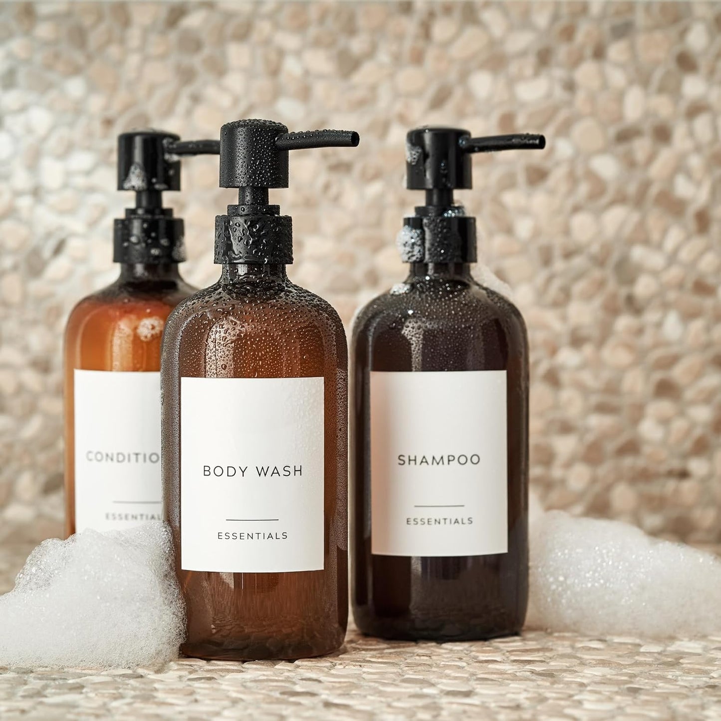 Dluxe Ave. Stylish Shampoo and Conditioner Dispenser Set of 3 - Modern 21oz Shower Soap PET Bottles with Pump and Labels - Easy to Refill Body Wash Dispensers for an Instant Bathroom Decor Upgrade
