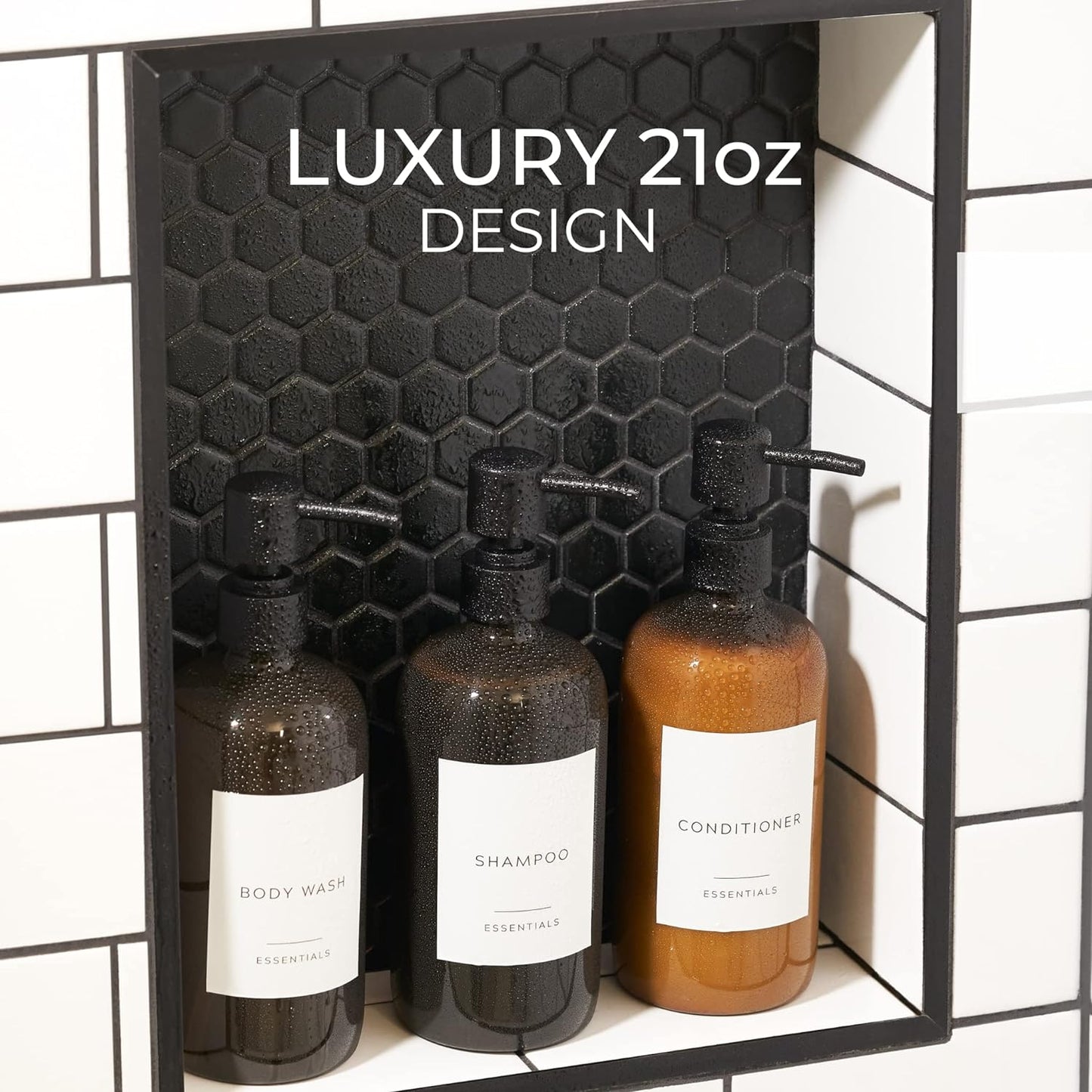 Dluxe Ave. Stylish Shampoo and Conditioner Dispenser Set of 3 - Modern 21oz Shower Soap PET Bottles with Pump and Labels - Easy to Refill Body Wash Dispensers for an Instant Bathroom Decor Upgrade