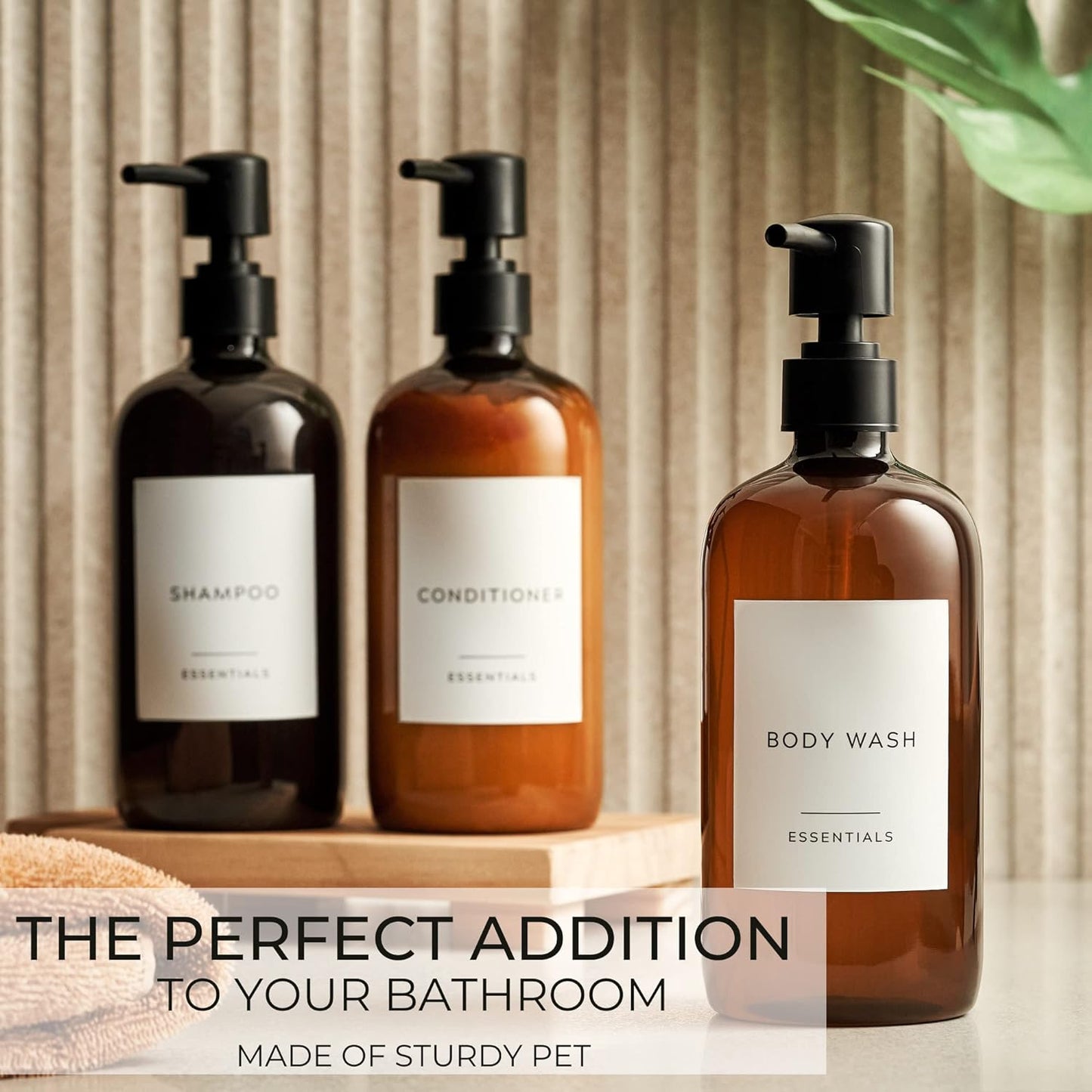 Dluxe Ave. Stylish Shampoo and Conditioner Dispenser Set of 3 - Modern 21oz Shower Soap PET Bottles with Pump and Labels - Easy to Refill Body Wash Dispensers for an Instant Bathroom Decor Upgrade
