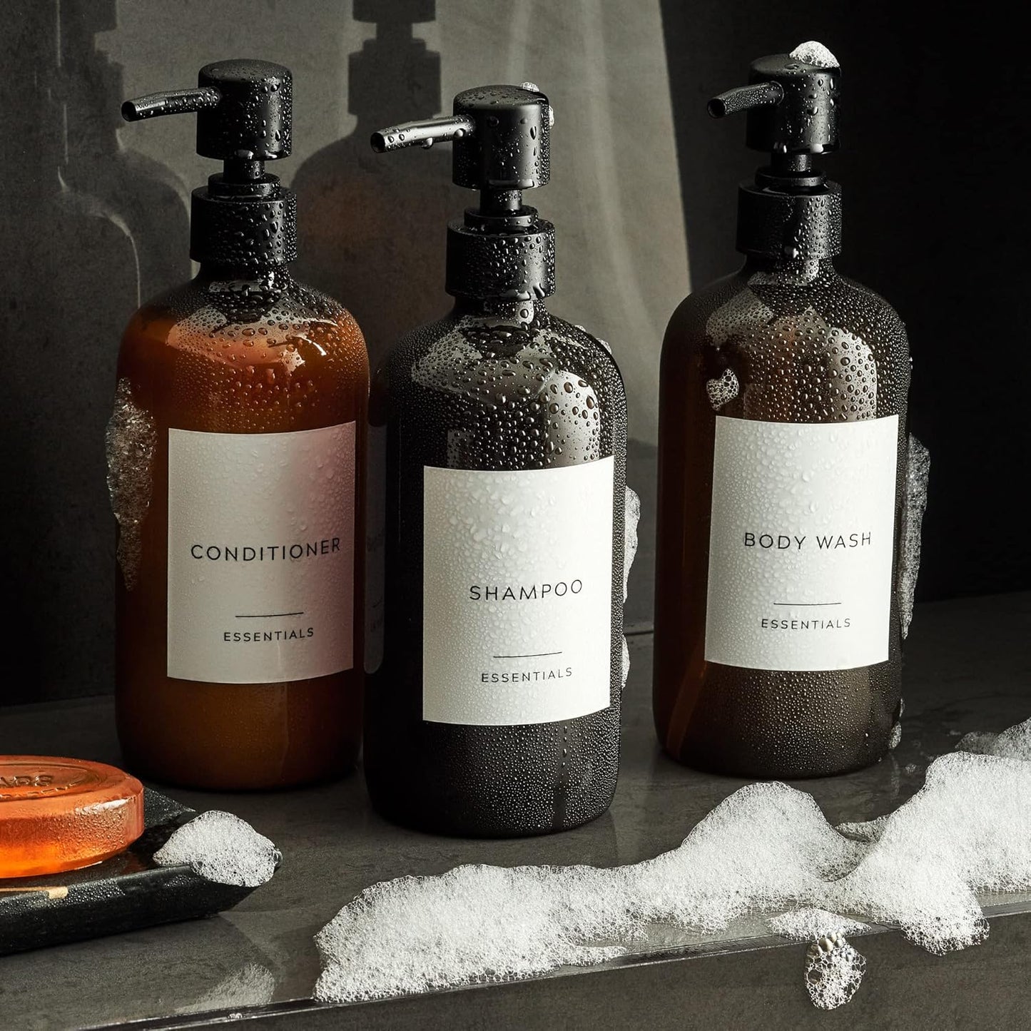 Dluxe Ave. Stylish Shampoo and Conditioner Dispenser Set of 3 - Modern 21oz Shower Soap PET Bottles with Pump and Labels - Easy to Refill Body Wash Dispensers for an Instant Bathroom Decor Upgrade