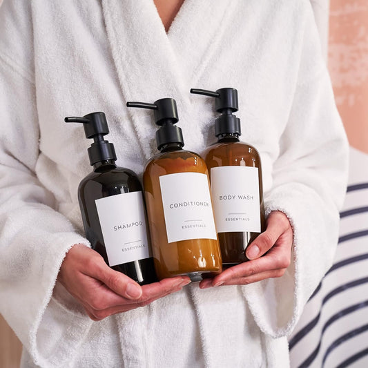 Dluxe Ave. Stylish Shampoo and Conditioner Dispenser Set of 3 - Modern 21oz Shower Soap PET Bottles with Pump and Labels - Easy to Refill Body Wash Dispensers for an Instant Bathroom Decor Upgrade