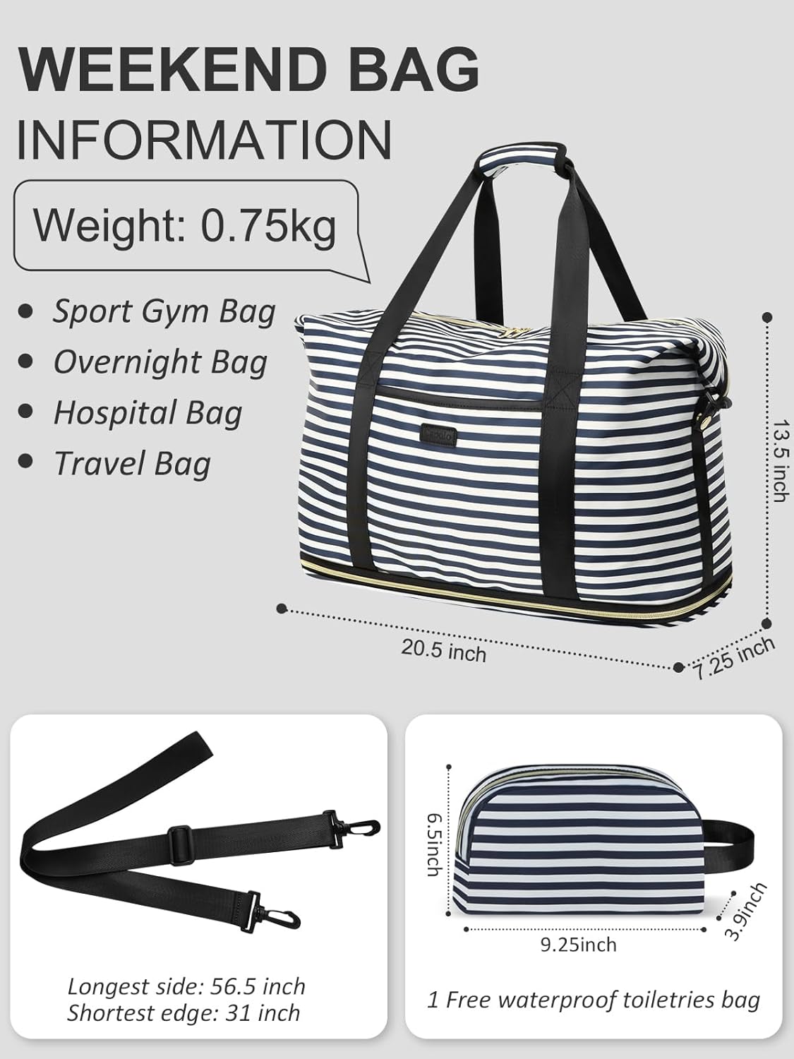 Dluxe Ave. Travel Duffle Bag/ Carry on Bag with Toiletry Bag/ (Blue Stripe) X-Large