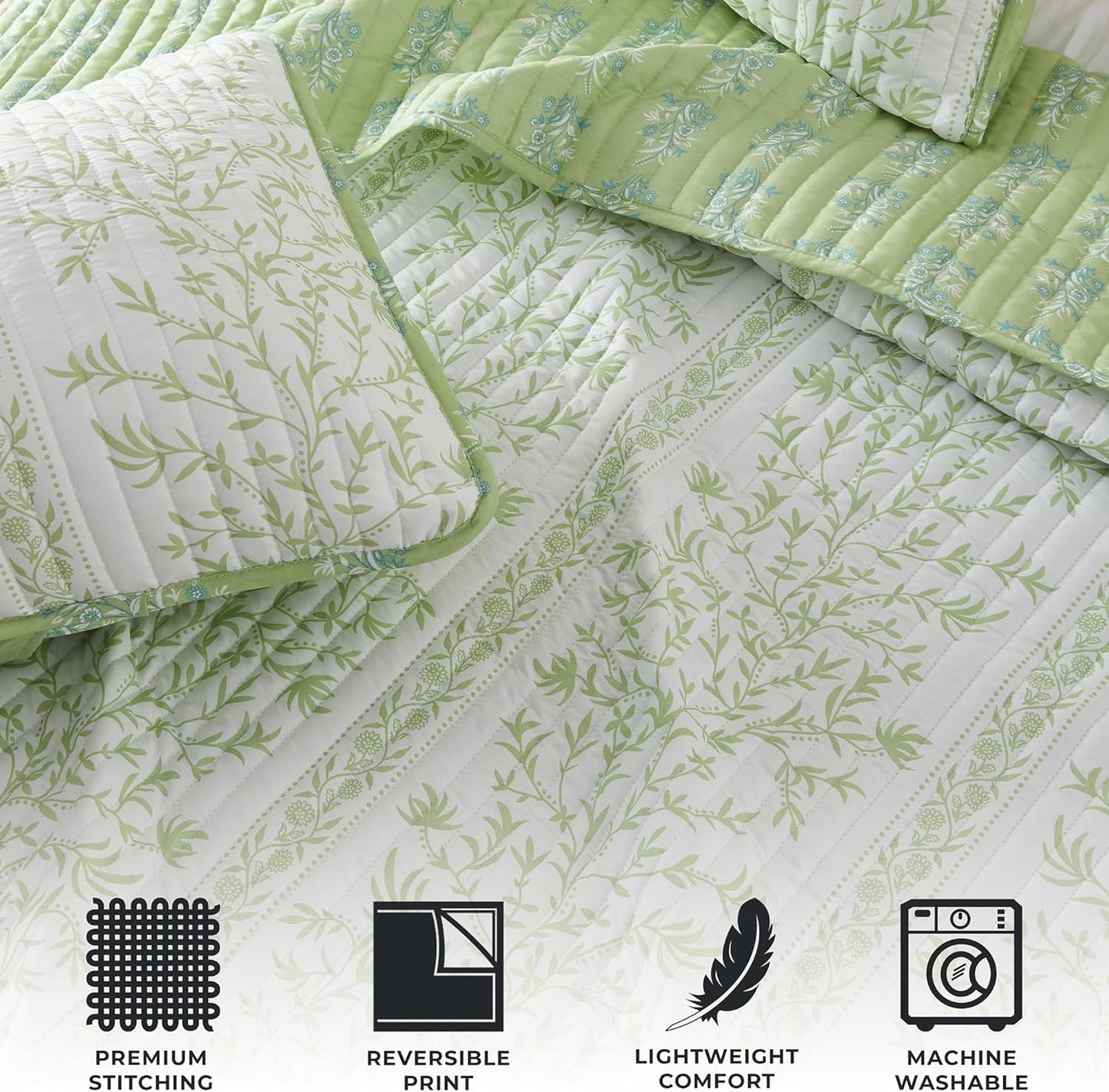 Dluxe Ave. (TWIN/ XL) 3 Pcs Floral Quilt Set, with Shams/ Green