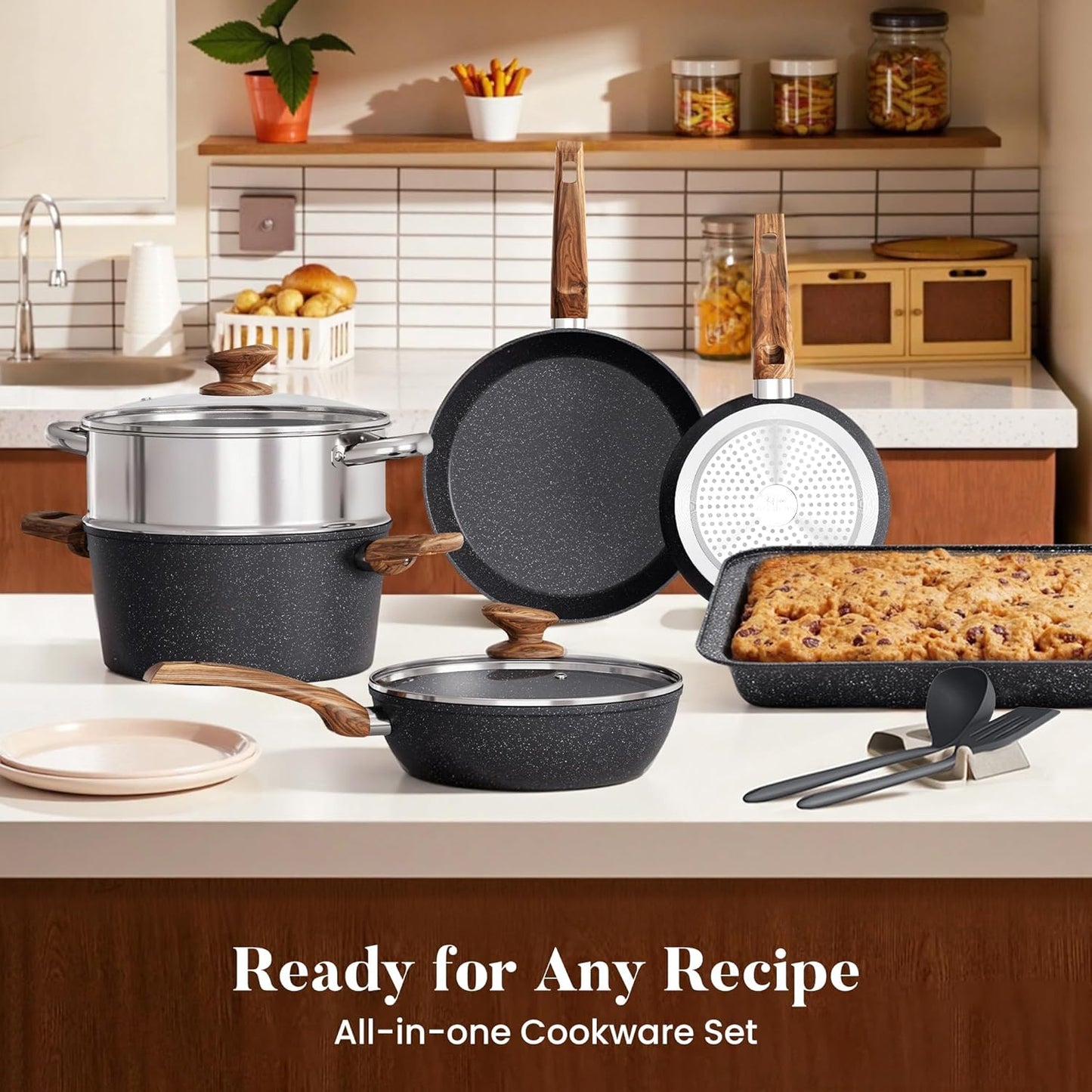 Dluxe Ave. Induction Cookware Set-17/ Piece Non-stick Cooking Pan Set Black Granite