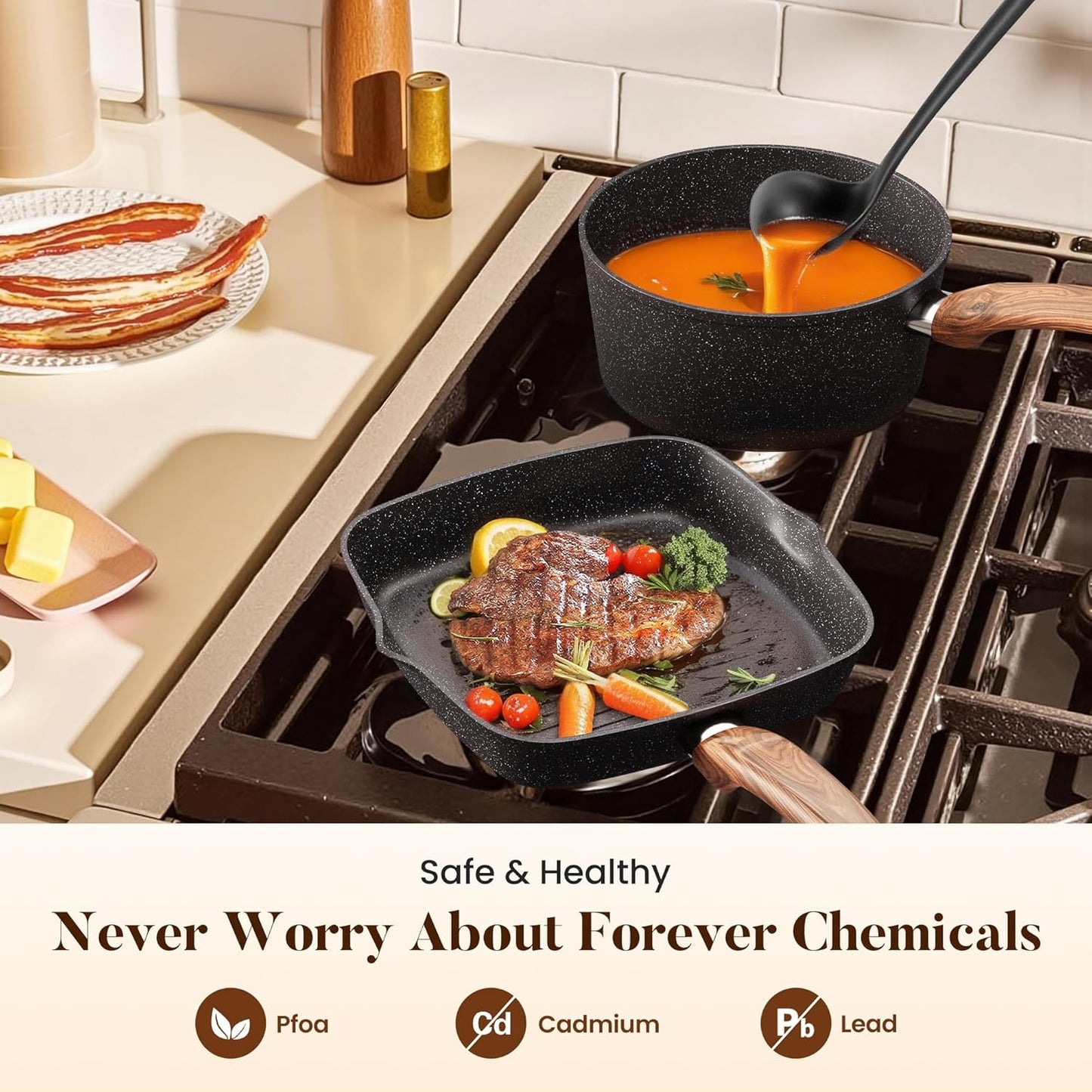 Dluxe Ave. Induction Cookware Set-17/ Piece Non-stick Cooking Pan Set Black Granite