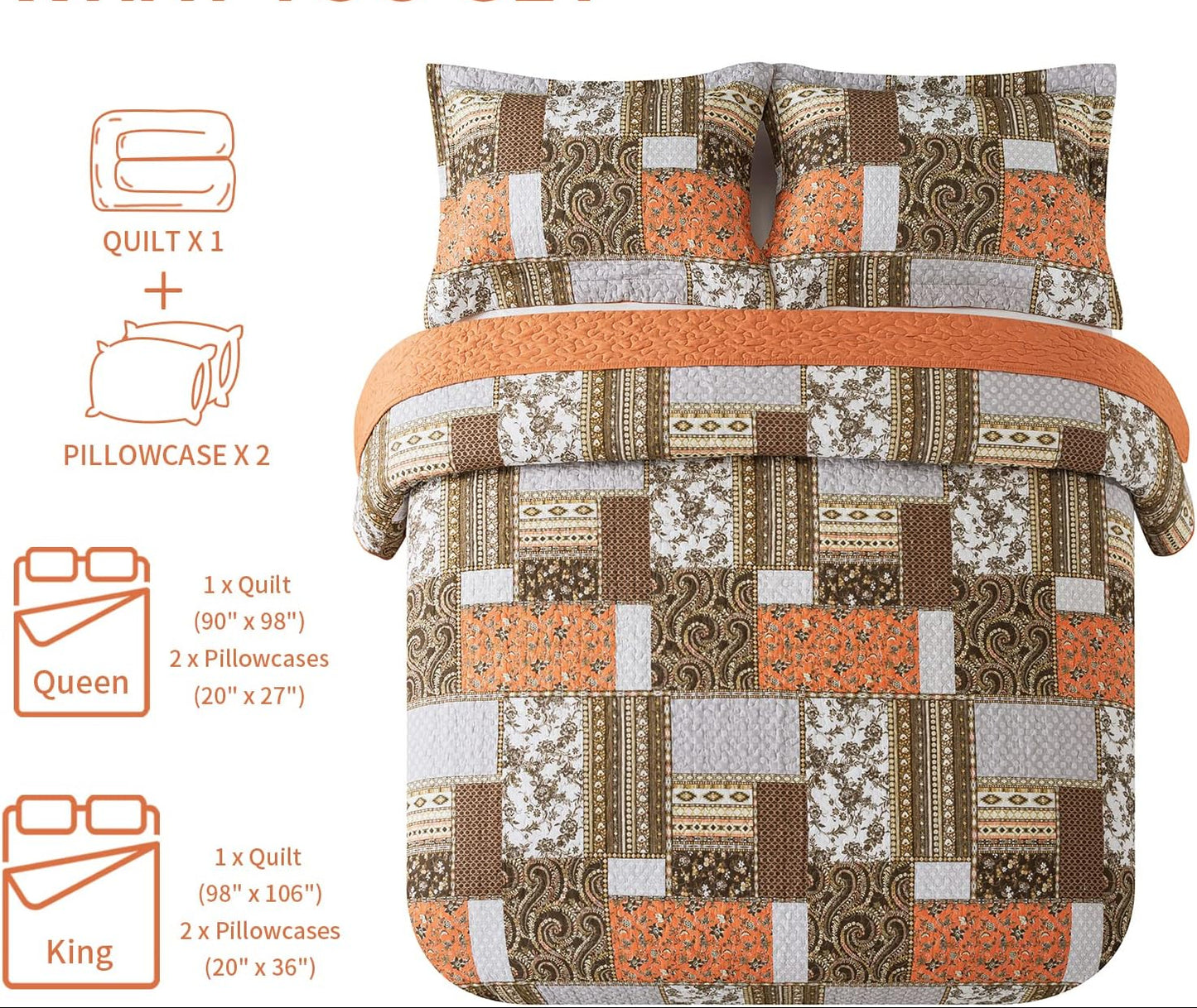 Dluxe Ave. ( QUEEN) Cotton Quilts 3-Pieces Quilt Bedding Set for All Season 90x98 In.