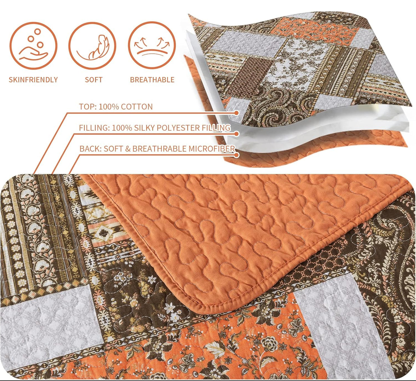 Dluxe Ave. ( QUEEN) Cotton Quilts 3-Pieces Quilt Bedding Set for All Season 90x98 In.