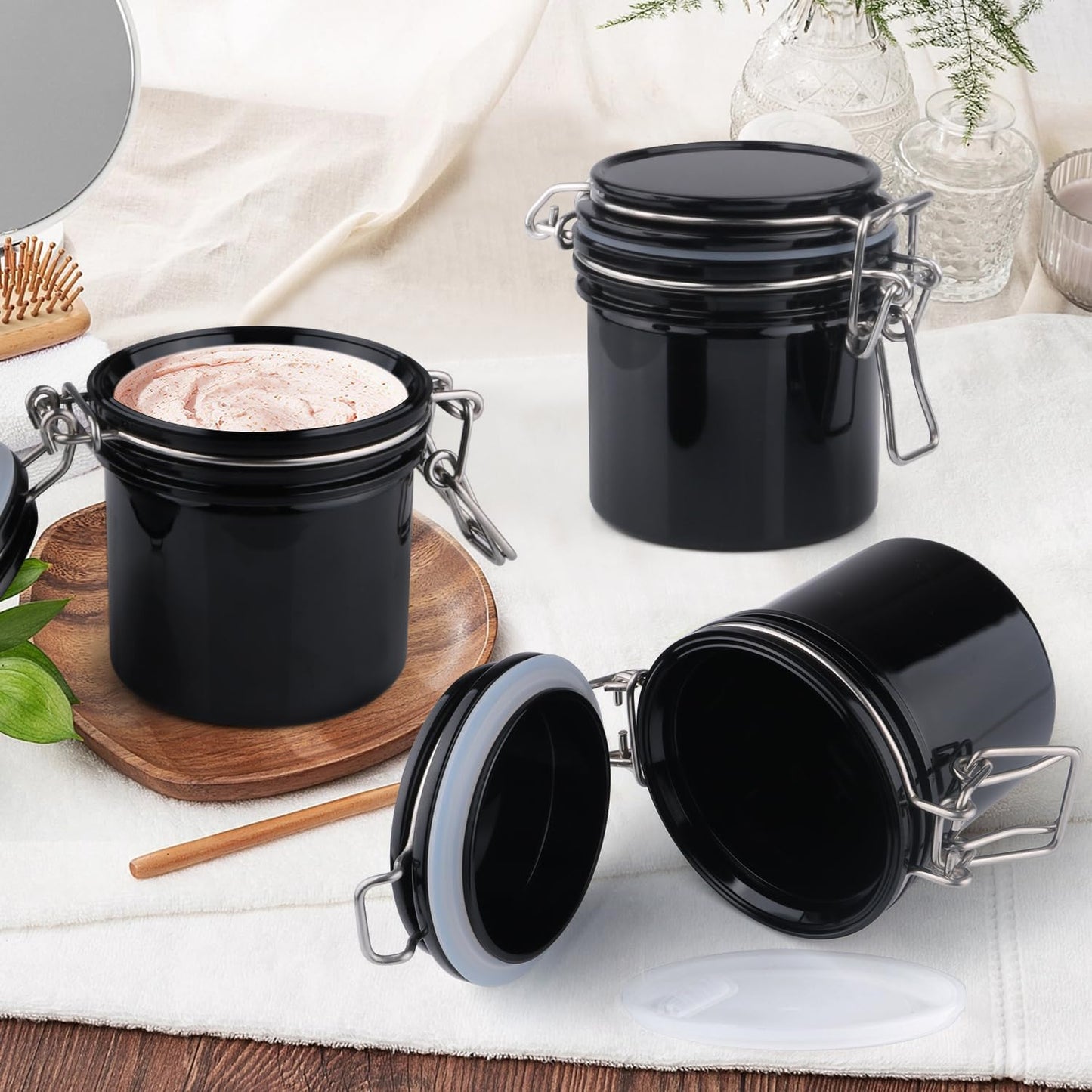 Dluxe Ave. 3 PCS 200ml/6.76oz Plastic Storage Jar Refillable Sealed Container Wide Mouth Bottle Pot with Airtight Metal Buckle Lid for Lotion Cream Cosmetic Coffee Bean Spices Kitchen Storage
