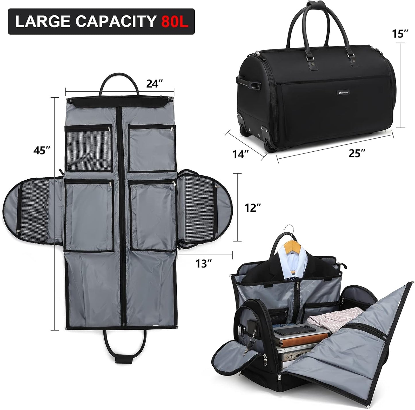 Dluxe Ave. Large Garment Duffle Bag with Wheels/ 3 in 1 Garment Suit Luggage/ Black