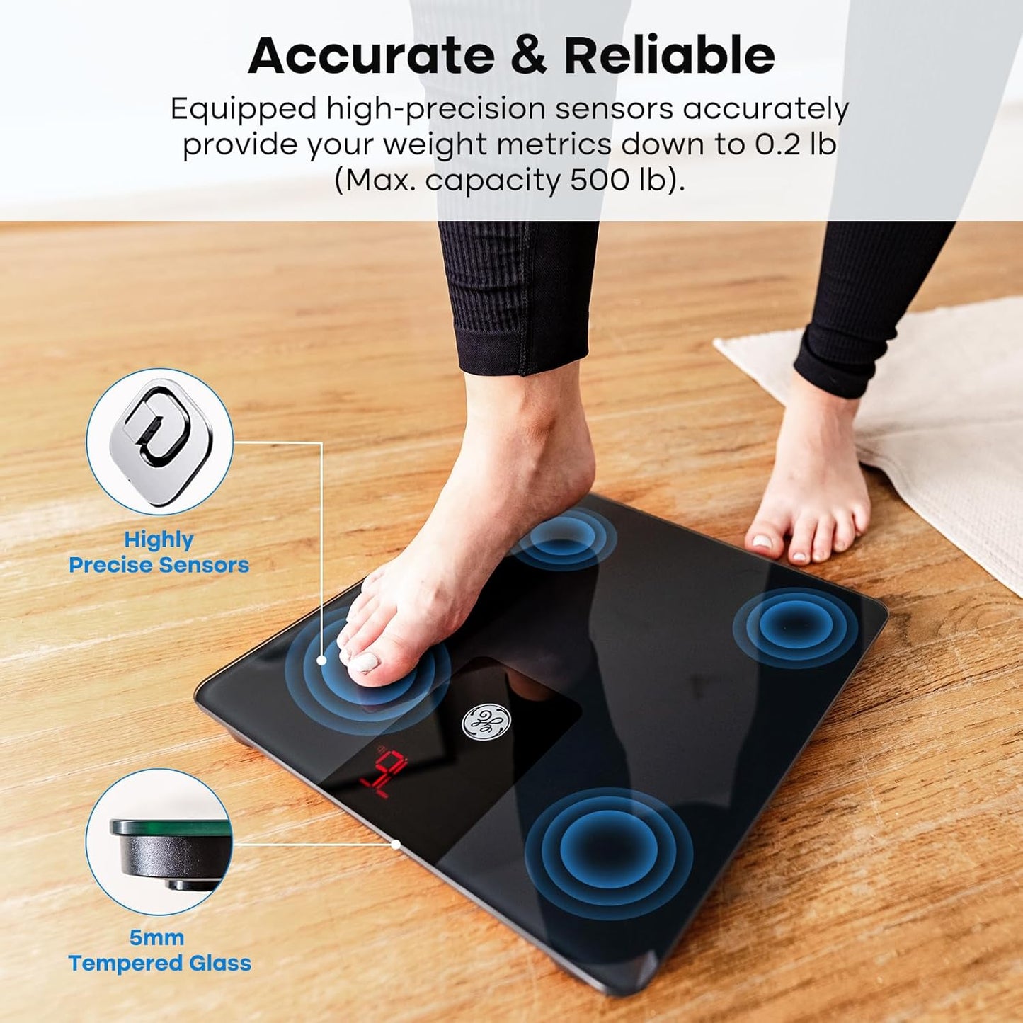 Dluxe Ave. GE Bathroom Scale Body Weight: Digital BMI Weight Balance Scales FSA HSA Eligible Heavy Duty Measuring Device for People Accurate Bluetooth Weighing Electronic Weigh Machine Black