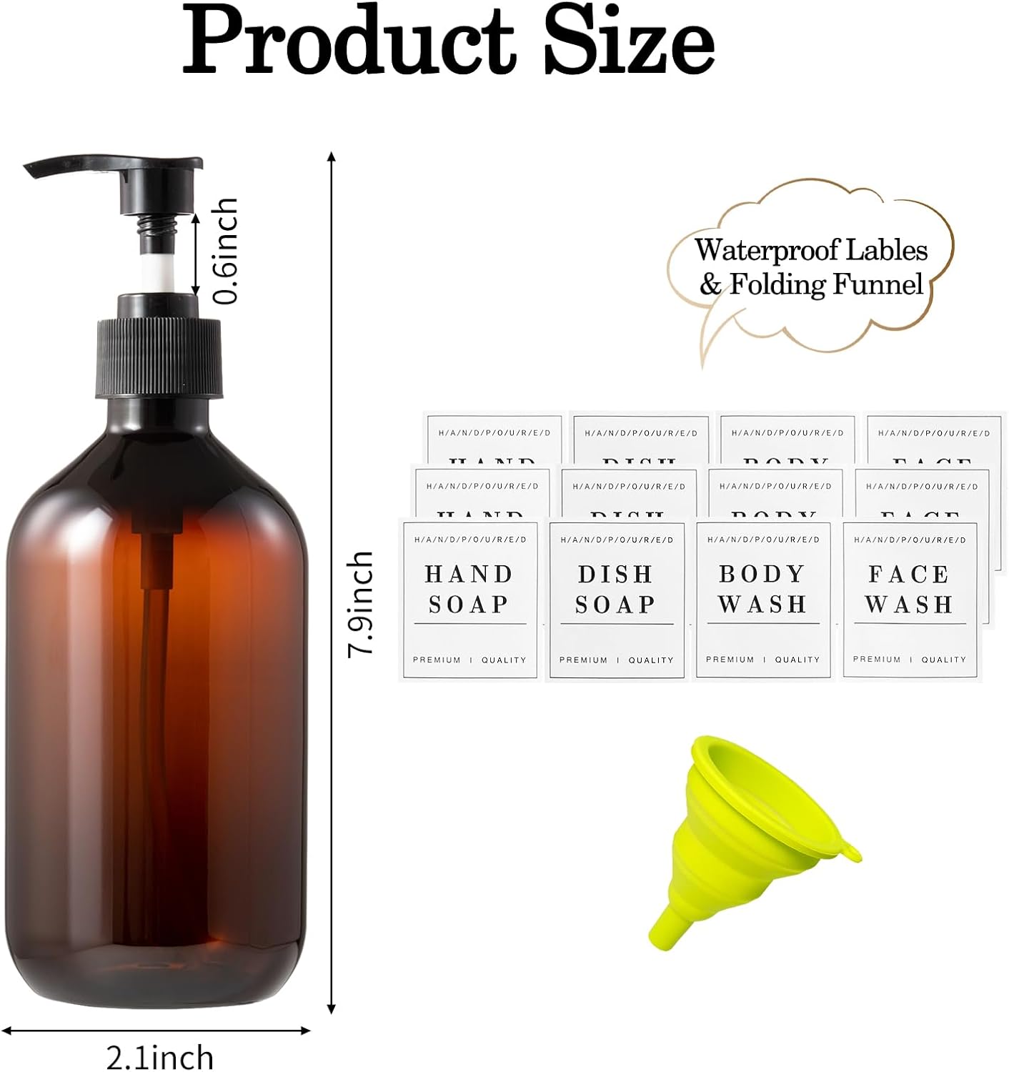 Dluxe Ave. 6 Pack Plastic Pump Bottles Dispenser 16oz/500ml Empty Cylinder Shampoo Soap Dispenser Refillable Containers with Extra Sprayer Pump Labels for Body Wash Lotion Gel(Amber)