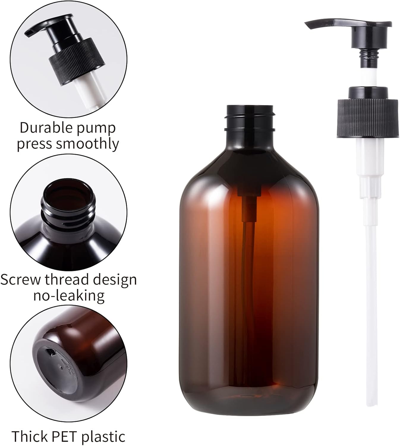 Dluxe Ave. 6 Pack Plastic Pump Bottles Dispenser 16oz/500ml Empty Cylinder Shampoo Soap Dispenser Refillable Containers with Extra Sprayer Pump Labels for Body Wash Lotion Gel(Amber)