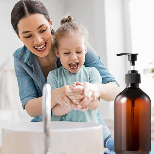 Dluxe Ave. 6 Pack Plastic Pump Bottles Dispenser 16oz/500ml Empty Cylinder Shampoo Soap Dispenser Refillable Containers with Extra Sprayer Pump Labels for Body Wash Lotion Gel(Amber)