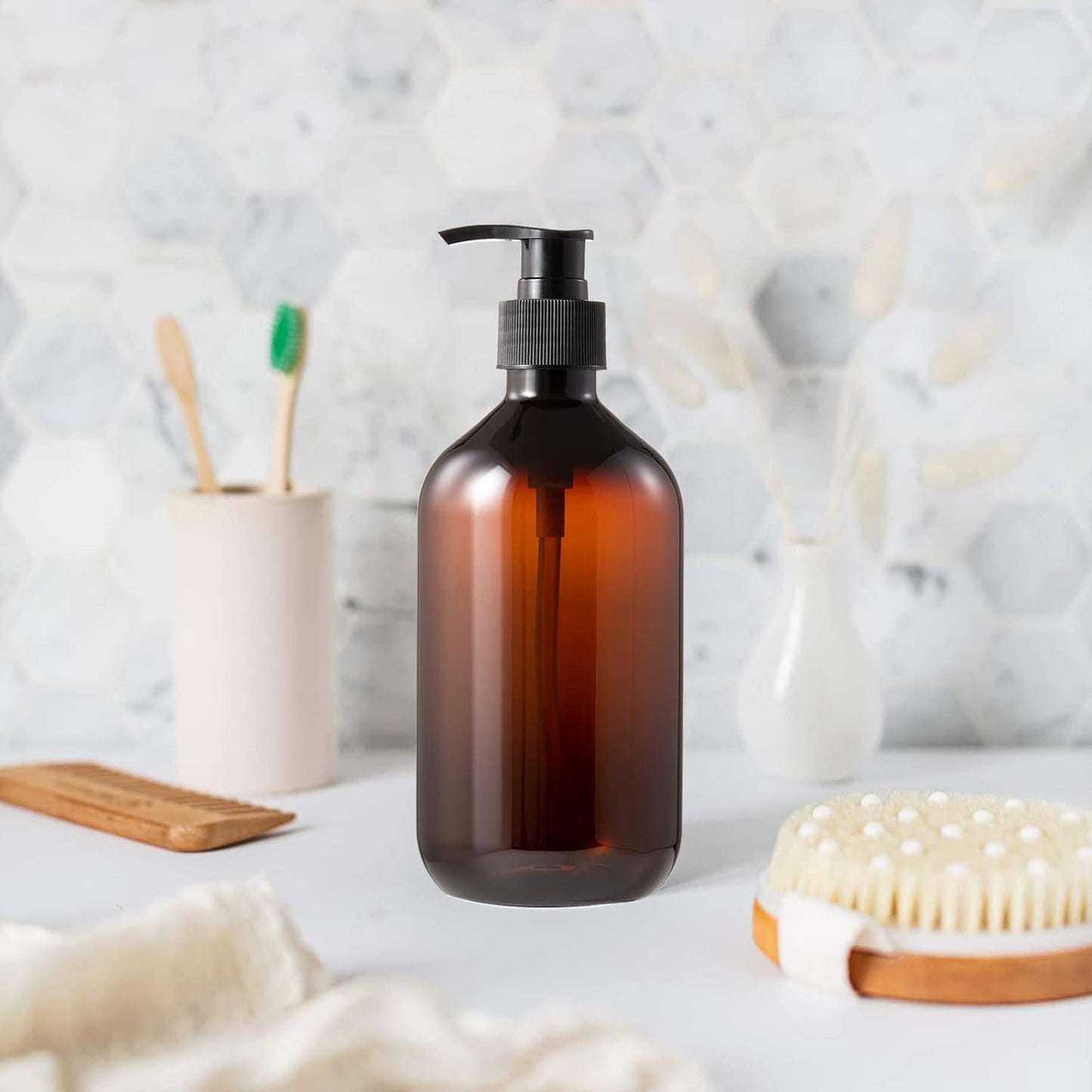 Dluxe Ave. 6 Pack Plastic Pump Bottles Dispenser 16oz/500ml Empty Cylinder Shampoo Soap Dispenser Refillable Containers with Extra Sprayer Pump Labels for Body Wash Lotion Gel(Amber)