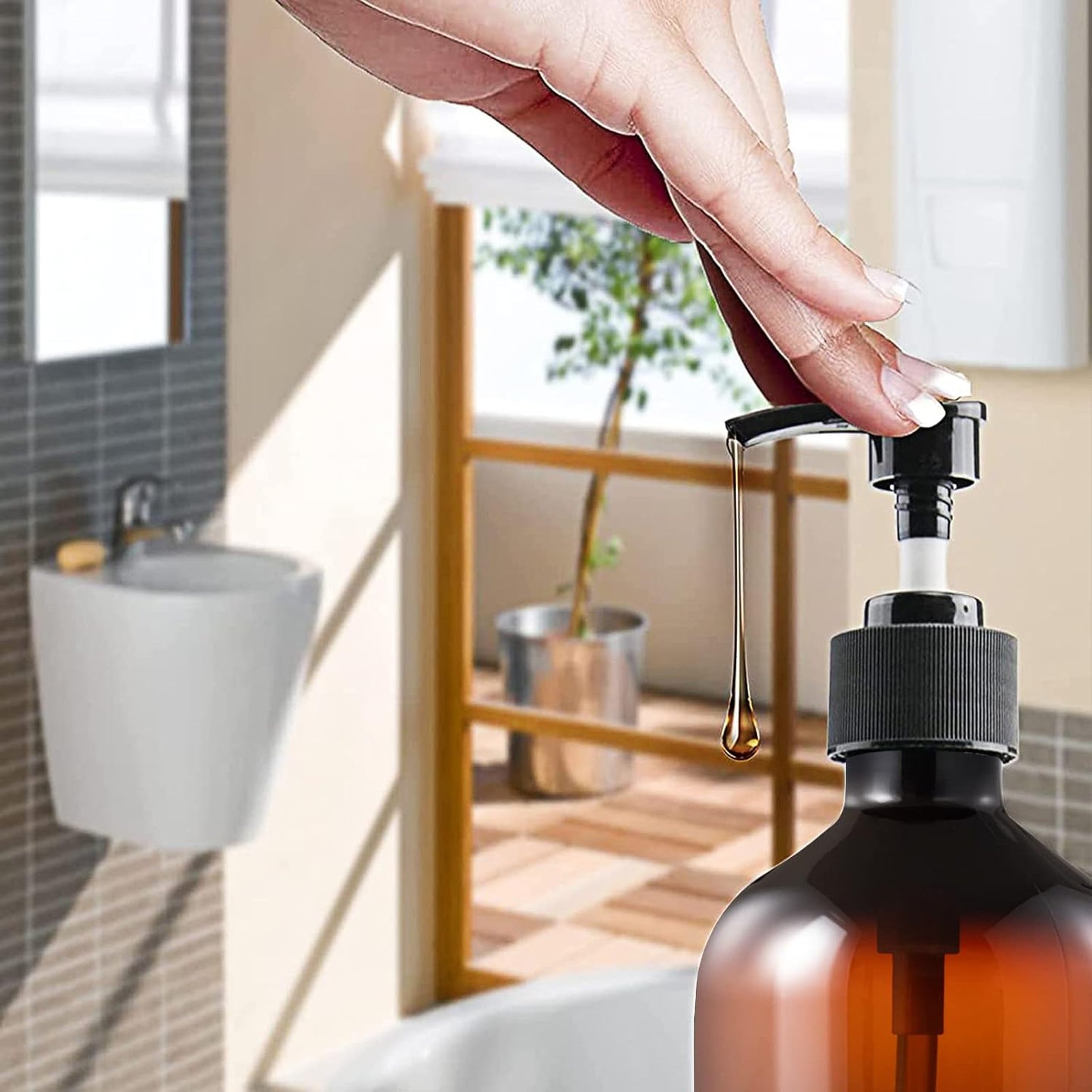 Dluxe Ave. 6 Pack Plastic Pump Bottles Dispenser 16oz/500ml Empty Cylinder Shampoo Soap Dispenser Refillable Containers with Extra Sprayer Pump Labels for Body Wash Lotion Gel(Amber)