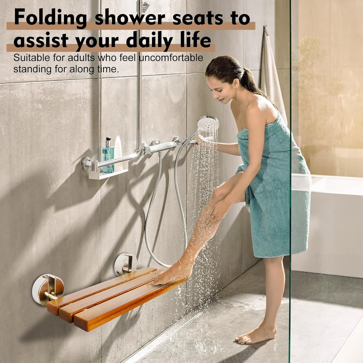 Dluxe Ave. 20" Folding Teak Shower Seat Wall Mounted Foldable