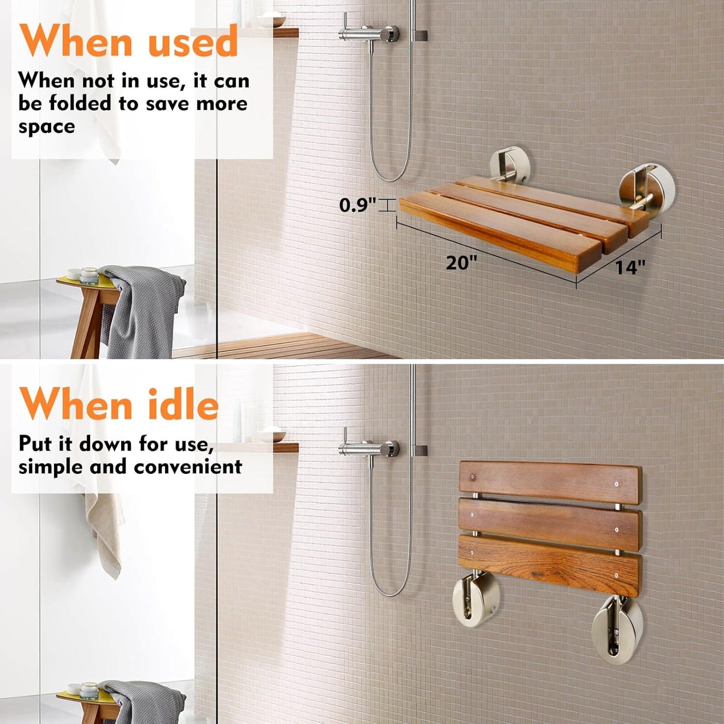 Dluxe Ave. 20" Folding Teak Shower Seat Wall Mounted Foldable