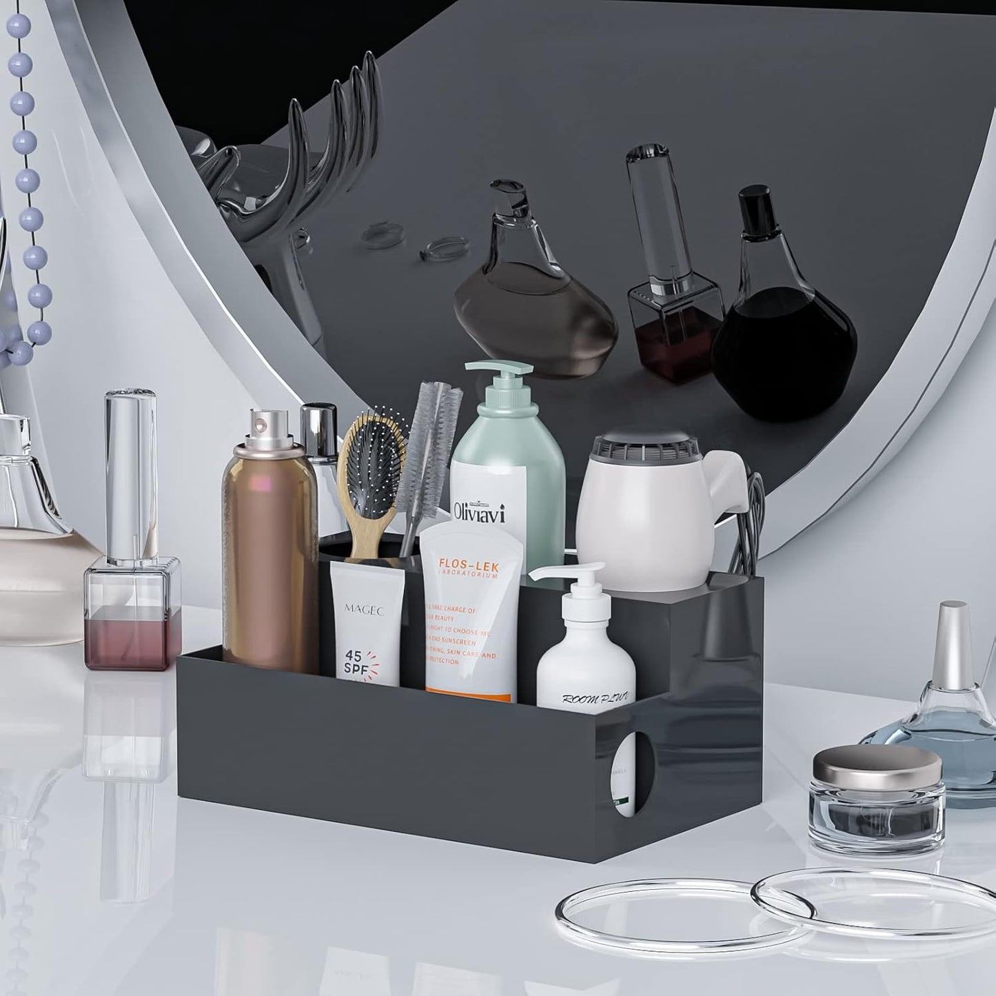 Dluxe Ave. PITBVO Hair Tool Organizer Black Acrylic Hair Dryer Holder with 3 Cups Bathroom Supplies Countertop Blow Dryer Holder Vanity Caddy Storage Stand for Accessories Makeup Toiletries