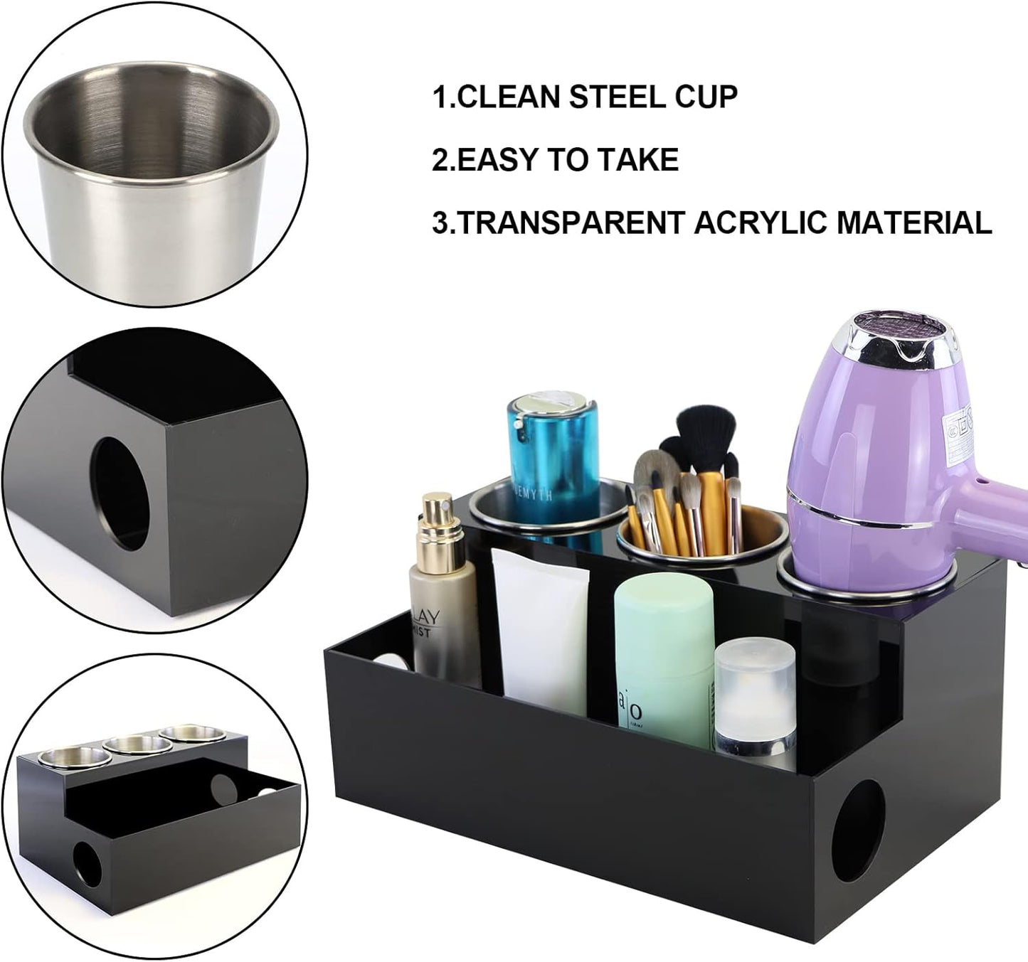 Dluxe Ave. PITBVO Hair Tool Organizer Black Acrylic Hair Dryer Holder with 3 Cups Bathroom Supplies Countertop Blow Dryer Holder Vanity Caddy Storage Stand for Accessories Makeup Toiletries