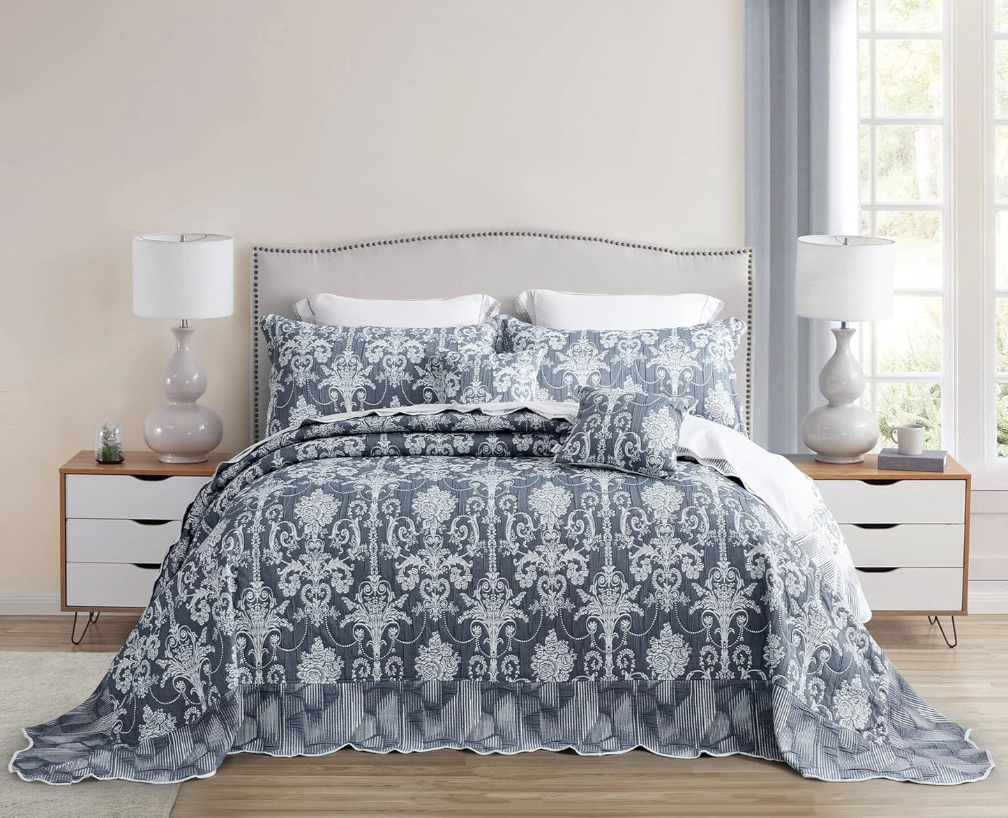 Dluxe Ave. ( KING ) 5 Pcs Oversized Bedspread 138X122 Extra Wide, California/Alaskan Blue