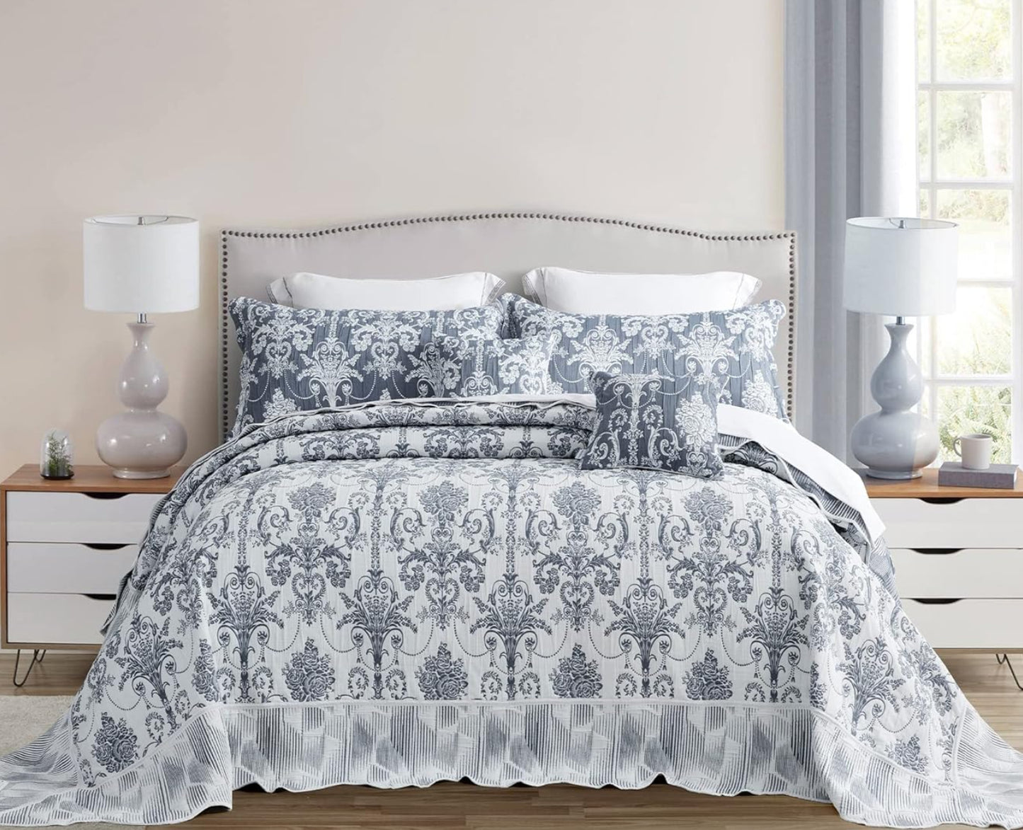 Dluxe Ave. ( KING ) 5 Pcs Oversized Bedspread 138X122 Extra Wide, California/Alaskan Blue