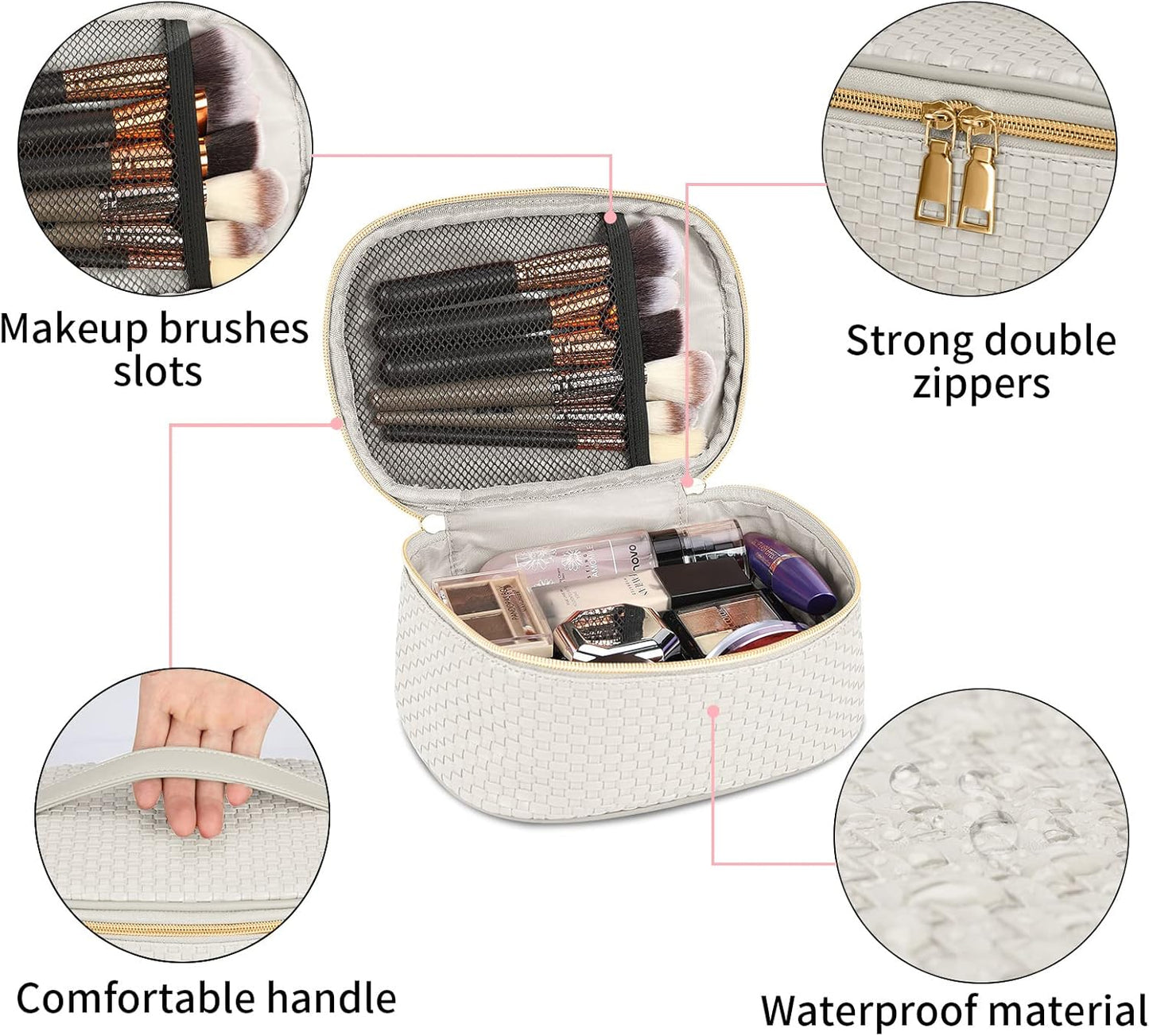 Dluxe Ave. KTMOUW Makeup Bag 3 Pcs Waterproof Cosmetic Bag Set Portable Travel Cosmetic Bag Multifunction Organizer Storage Bag Weave Toiletry Bag for Women Beige