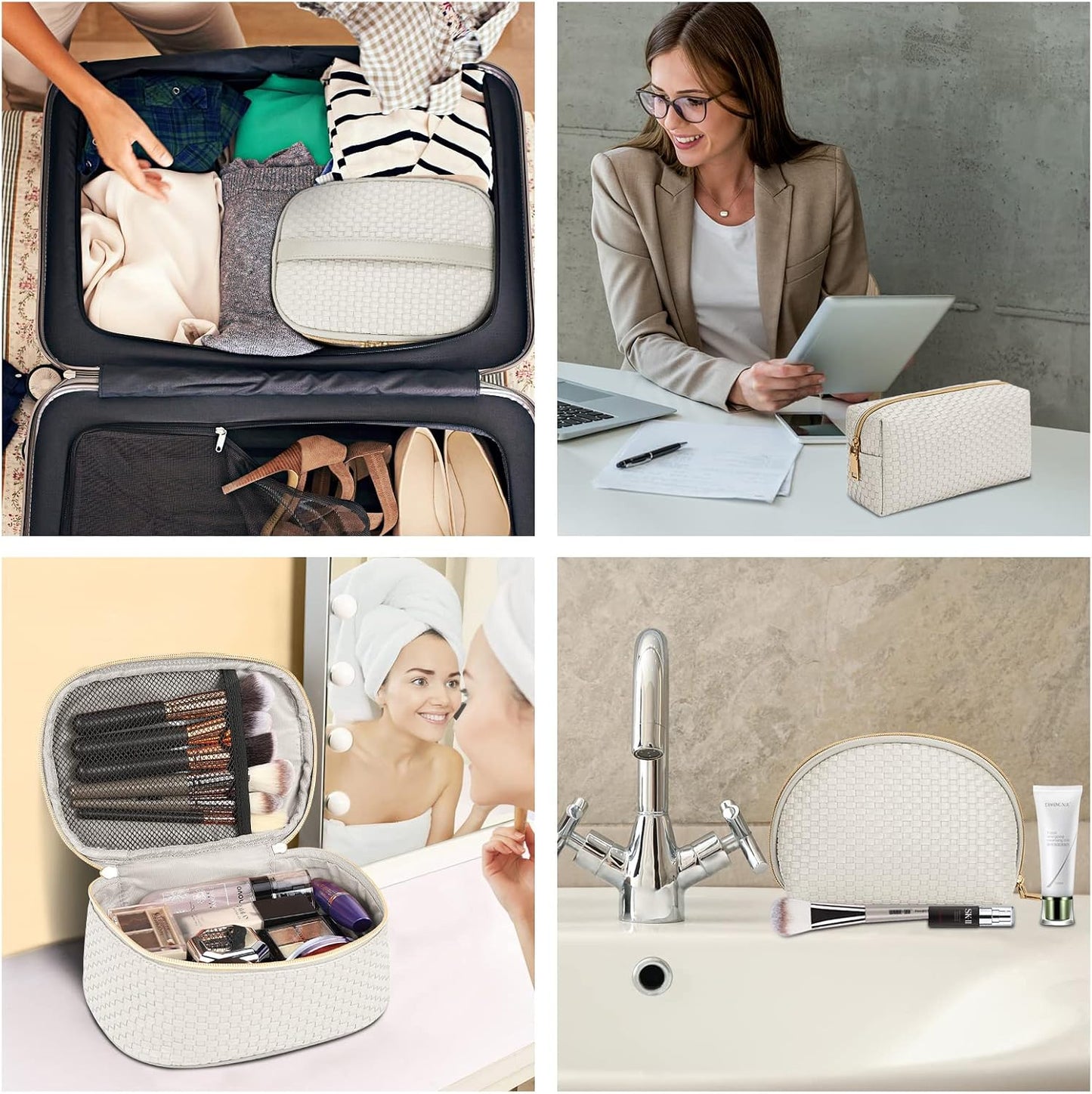 Dluxe Ave. KTMOUW Makeup Bag 3 Pcs Waterproof Cosmetic Bag Set Portable Travel Cosmetic Bag Multifunction Organizer Storage Bag Weave Toiletry Bag for Women Beige