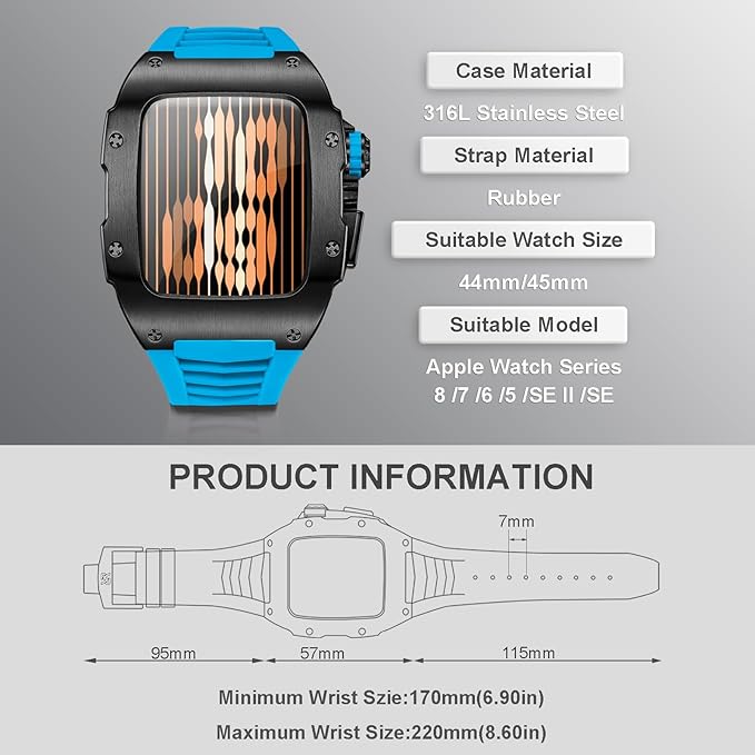 Dluxe Ave. RYUEUYA Luxury Designer Rugged Metal Case with Band Compatible for Apple Watch Series 9/8/7 45mm and SE 2/SE/6/5 44mm Stainless Steel Military Heavy Duty Protection for iWatch44/45mmSBM-BR