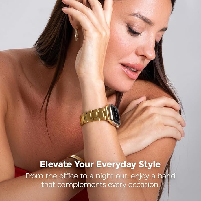 Dluxe Ave. My Pretty Strap Classic Vogue Band Compatible with Apple WATCH SE Series 9 8 7 6 5 4 3 2 1 42MM / 44MM / 45MM / 49MM Stainless Steel Metal Gold for Women