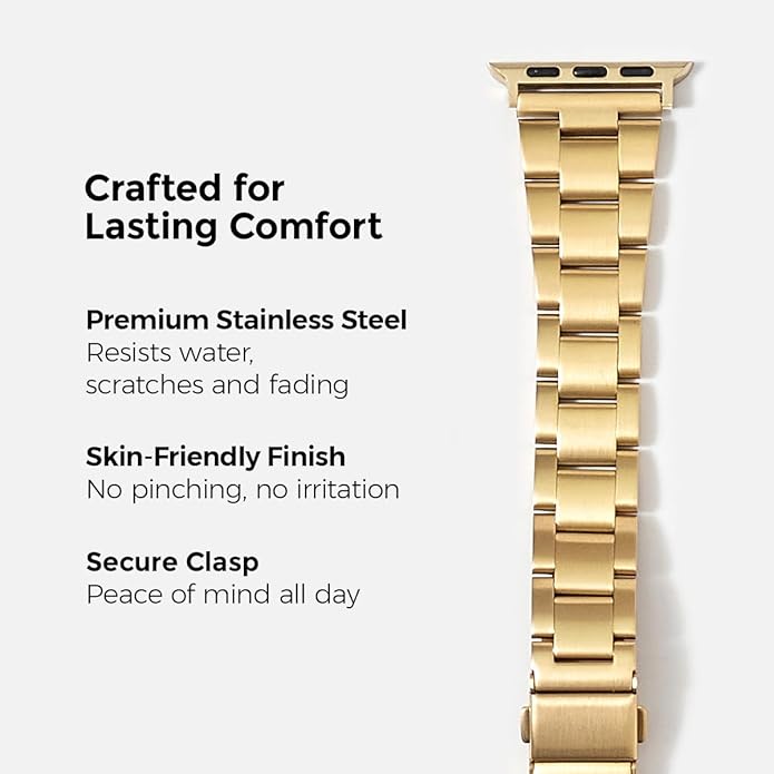 Dluxe Ave. My Pretty Strap Classic Vogue Band Compatible with Apple WATCH SE Series 9 8 7 6 5 4 3 2 1 42MM / 44MM / 45MM / 49MM Stainless Steel Metal Gold for Women