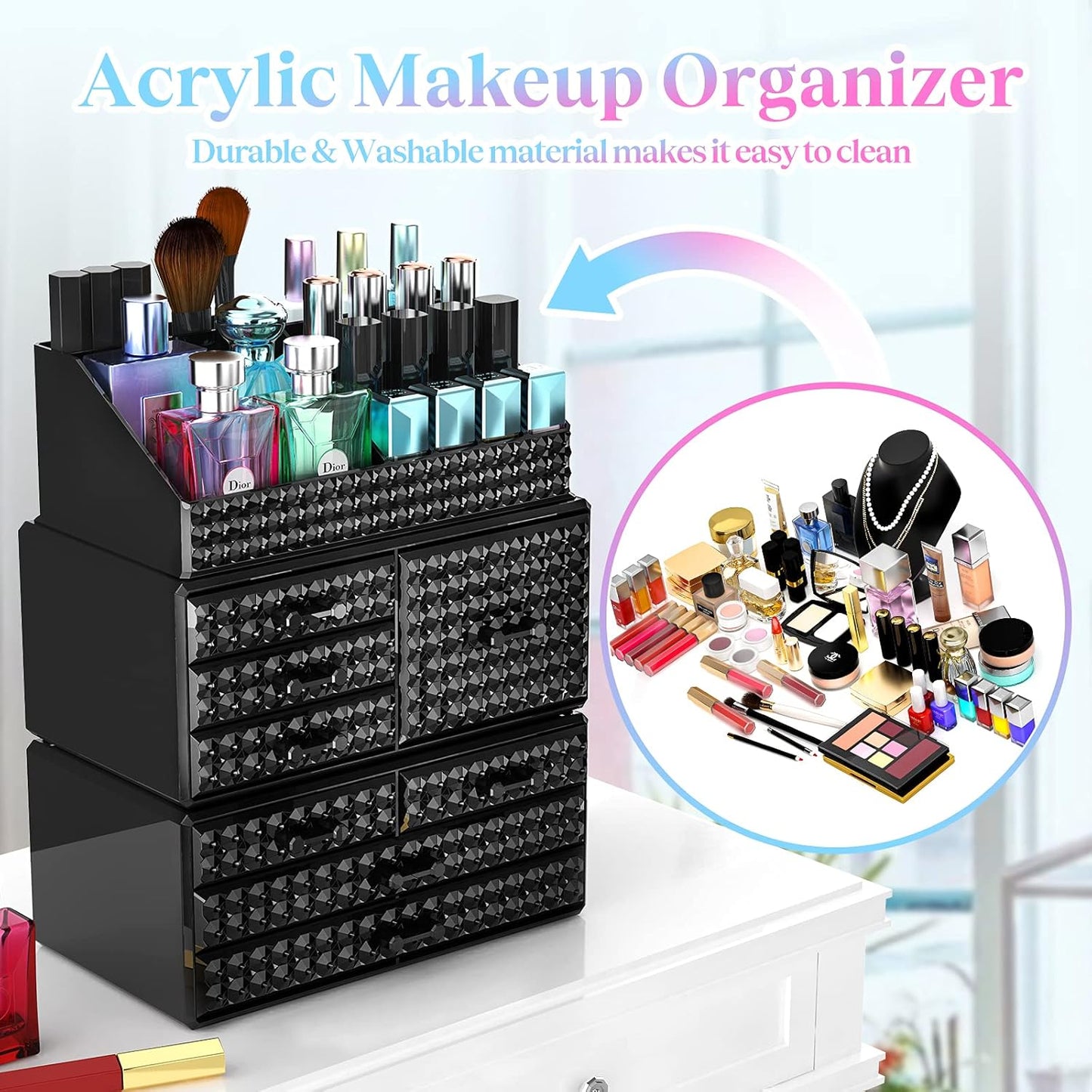 Dluxe Ave. 2 Pack Stackable Makeup Organizer with Drawers Vanity and Bathroom Accessories
