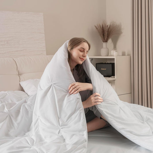 Dluxe Ave. DOWNCOOL King Size Comforter Set - White Comforter King Size 3-Piece Pintuck Bedding Comforter Sets with 1 Pinch Pleated Comforter and 2 Pillowcases Soft Fluffy King Bedding Set for All Season