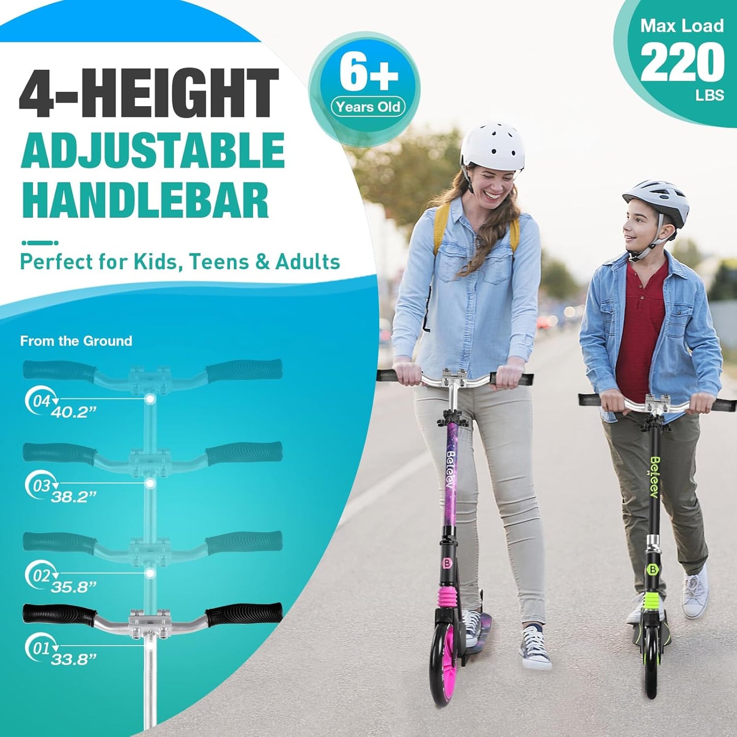 Dluxe Ave. BELEEV V5 Scooters for Kids 6 Years and up Folding Kick Scooter 2 Wheel for Adults Teens Commuter Scooter up to 220lbs(Green)