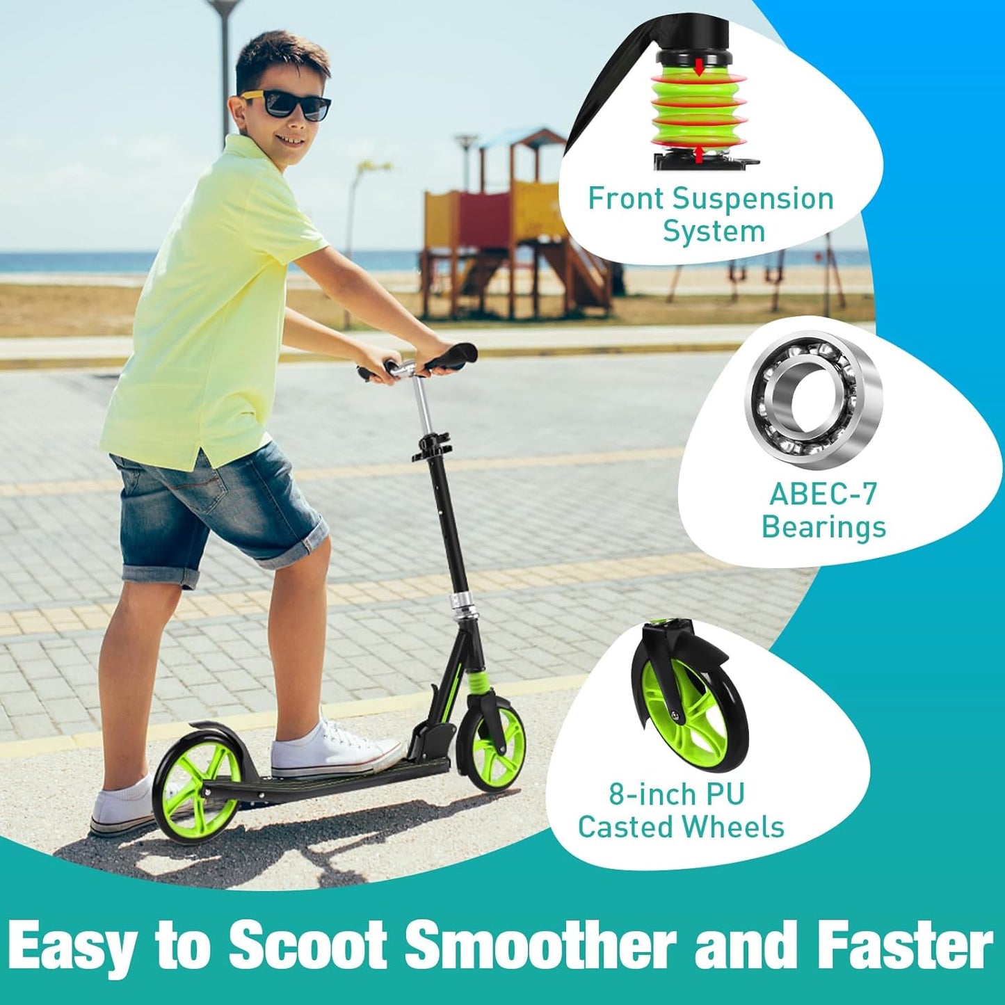 Dluxe Ave. BELEEV V5 Scooters for Kids 6 Years and up Folding Kick Scooter 2 Wheel for Adults Teens Commuter Scooter up to 220lbs(Green)