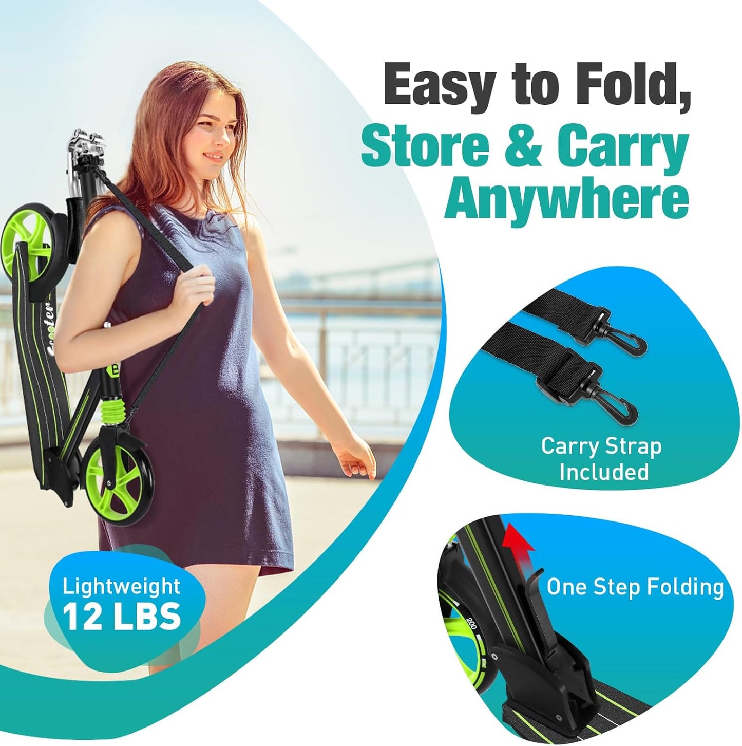 Dluxe Ave. BELEEV V5 Scooters for Kids 6 Years and up Folding Kick Scooter 2 Wheel for Adults Teens Commuter Scooter up to 220lbs(Green)