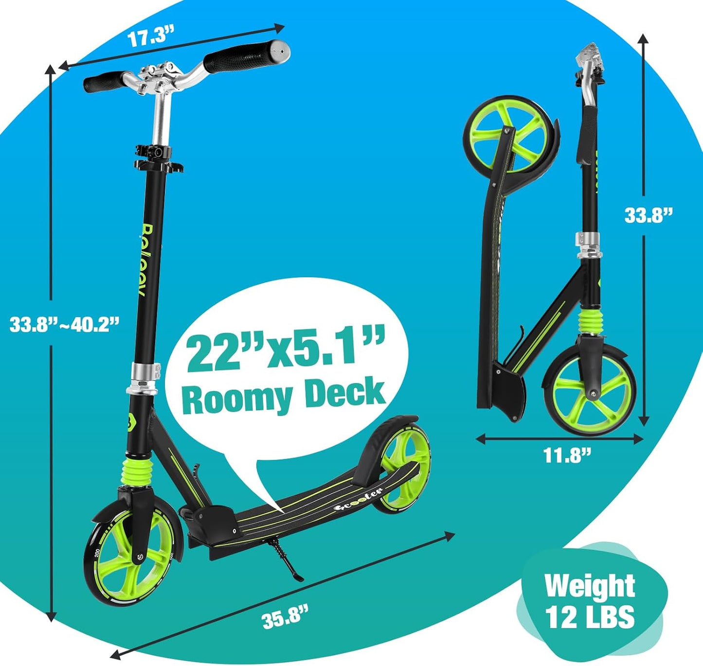 Dluxe Ave. BELEEV V5 Scooters for Kids 6 Years and up Folding Kick Scooter 2 Wheel for Adults Teens Commuter Scooter up to 220lbs(Green)