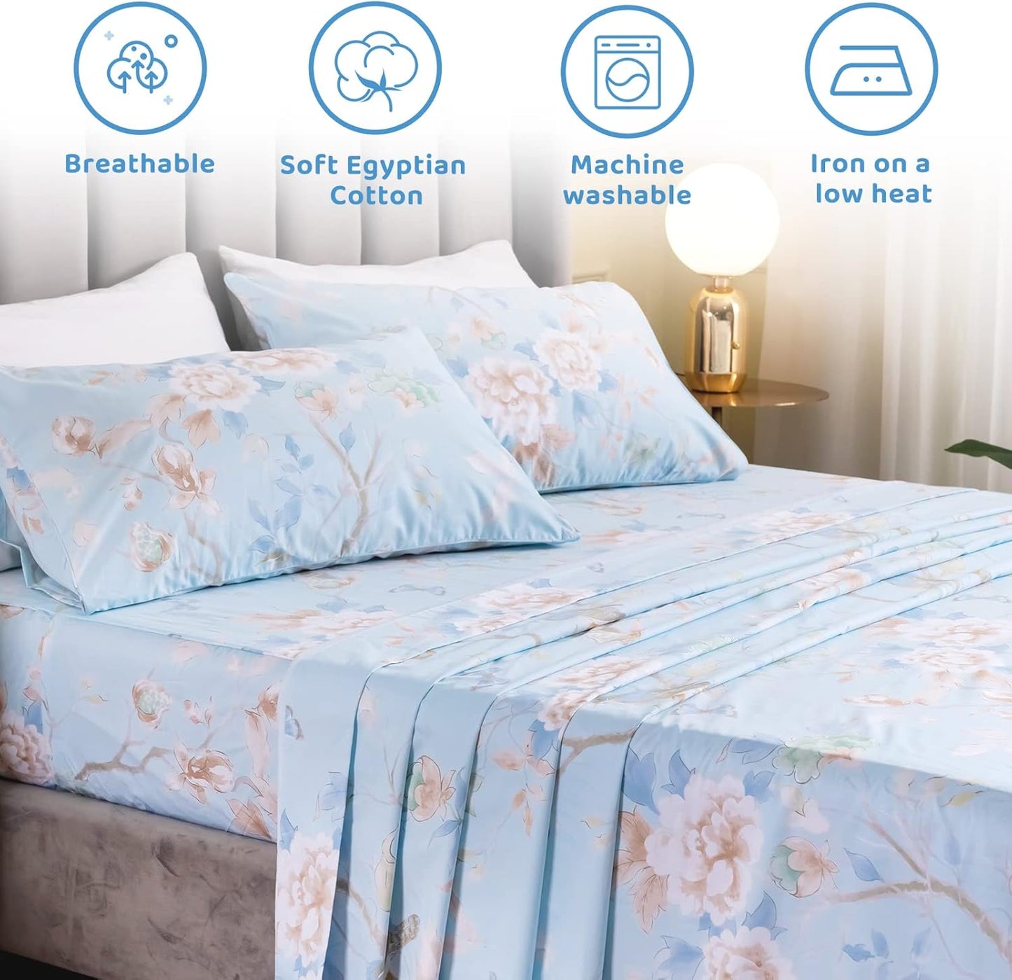 Dluxe Ave. ( CALI./ KING ) 4 Pcs 100% Egyptian Cotton Sheet Set, Luxury Cotton, Deep Pocket, Blue Bird Plant Pattern Botanical