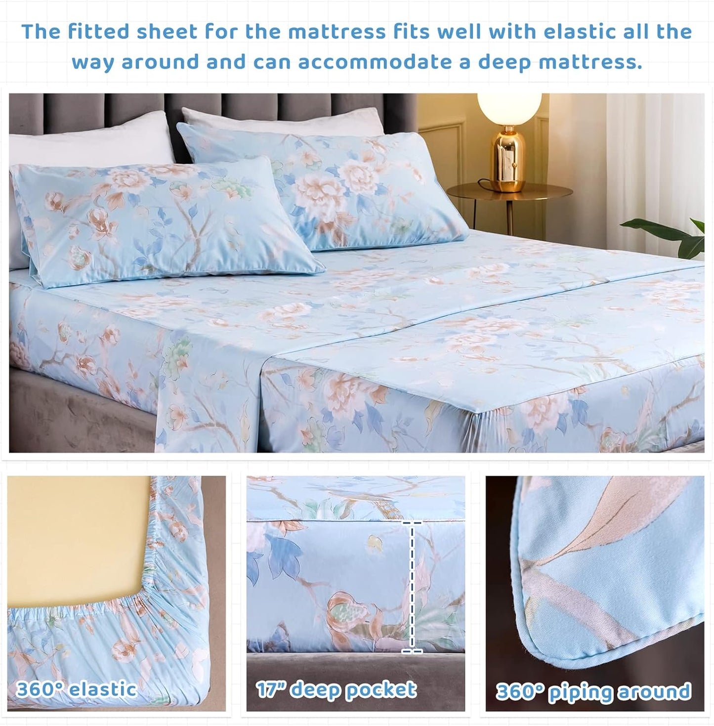 Dluxe Ave. ( CALI./ KING ) 4 Pcs 100% Egyptian Cotton Sheet Set, Luxury Cotton, Deep Pocket, Blue Bird Plant Pattern Botanical