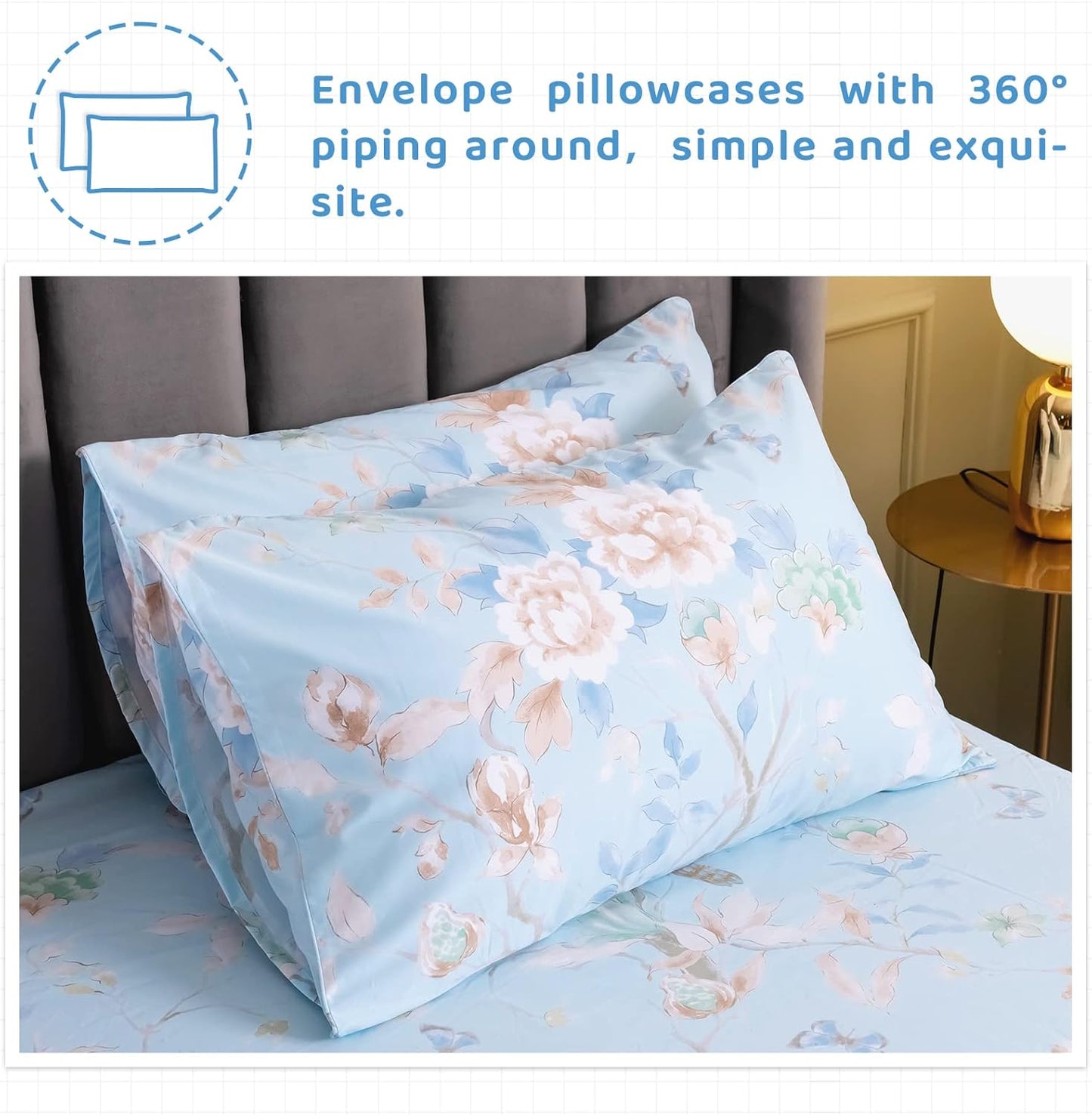 Dluxe Ave. ( CALI./ KING ) 4 Pcs 100% Egyptian Cotton Sheet Set, Luxury Cotton, Deep Pocket, Blue Bird Plant Pattern Botanical