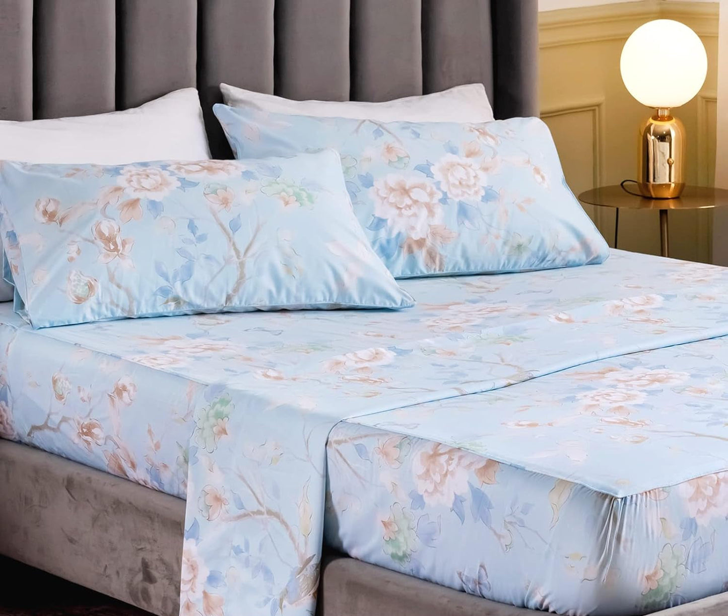 Dluxe Ave. ( CALI./ KING ) 4 Pcs 100% Egyptian Cotton Sheet Set, Luxury Cotton, Deep Pocket, Blue Bird Plant Pattern Botanical