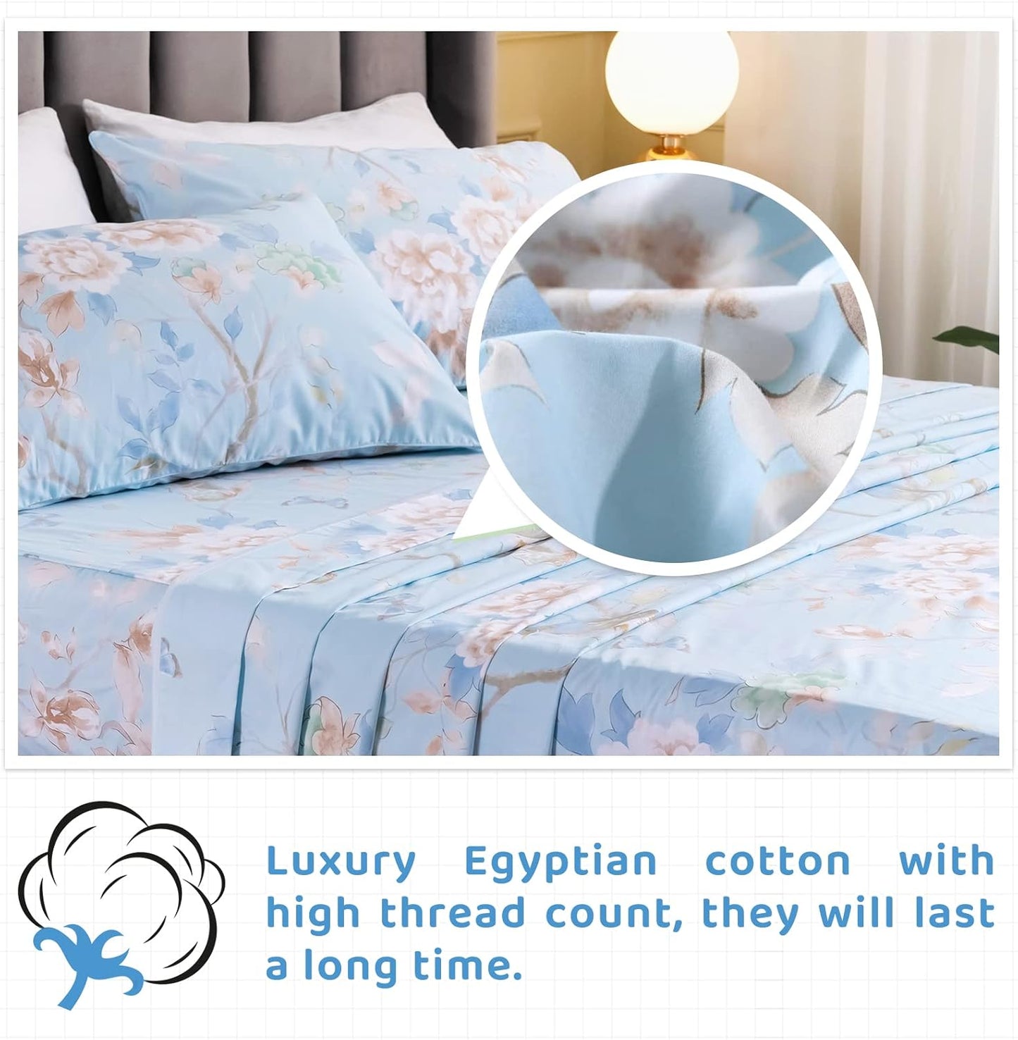 Dluxe Ave. ( CALI./ KING ) 4 Pcs 100% Egyptian Cotton Sheet Set, Luxury Cotton, Deep Pocket, Blue Bird Plant Pattern Botanical