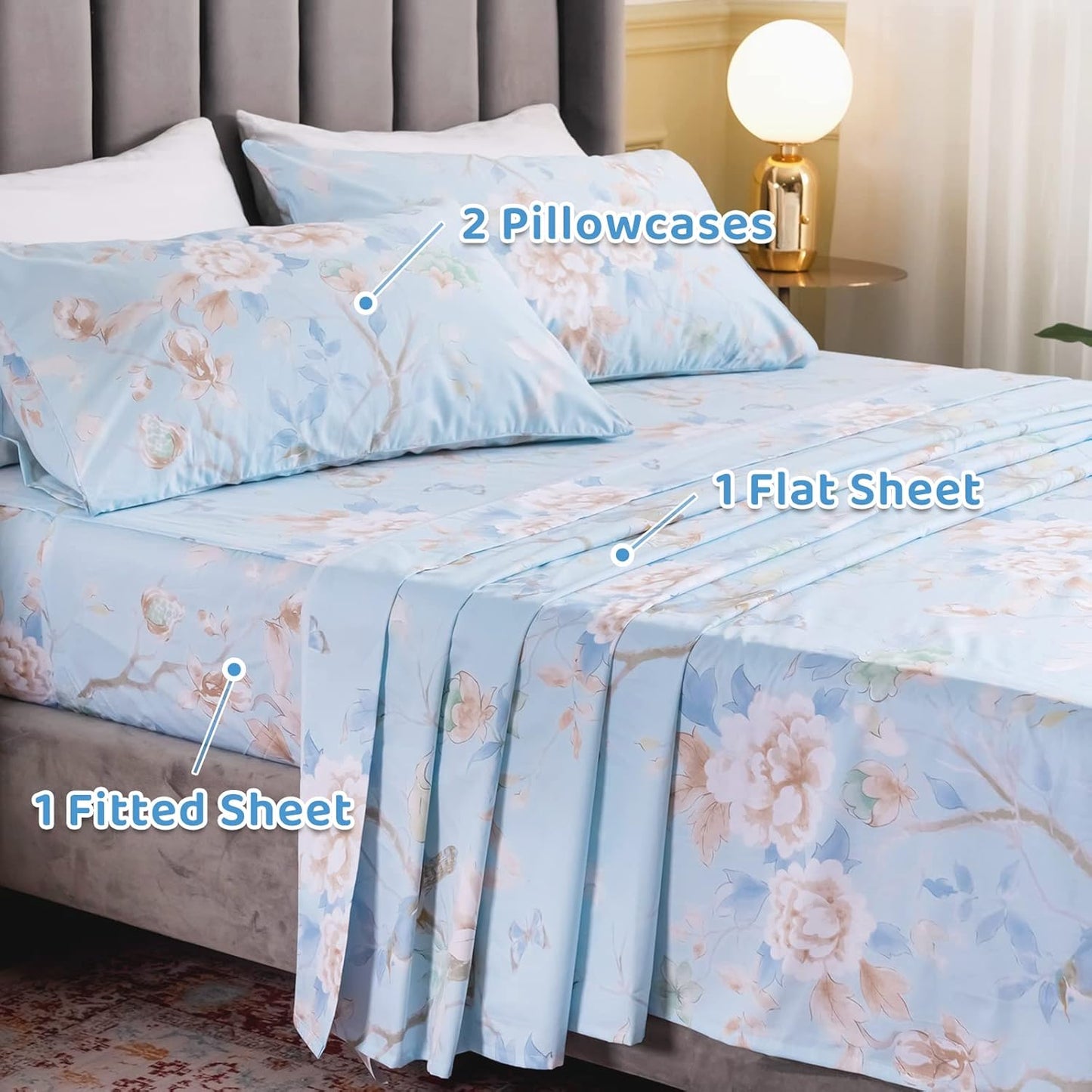 Dluxe Ave. ( CALI./ KING ) 4 Pcs 100% Egyptian Cotton Sheet Set, Luxury Cotton, Deep Pocket, Blue Bird Plant Pattern Botanical