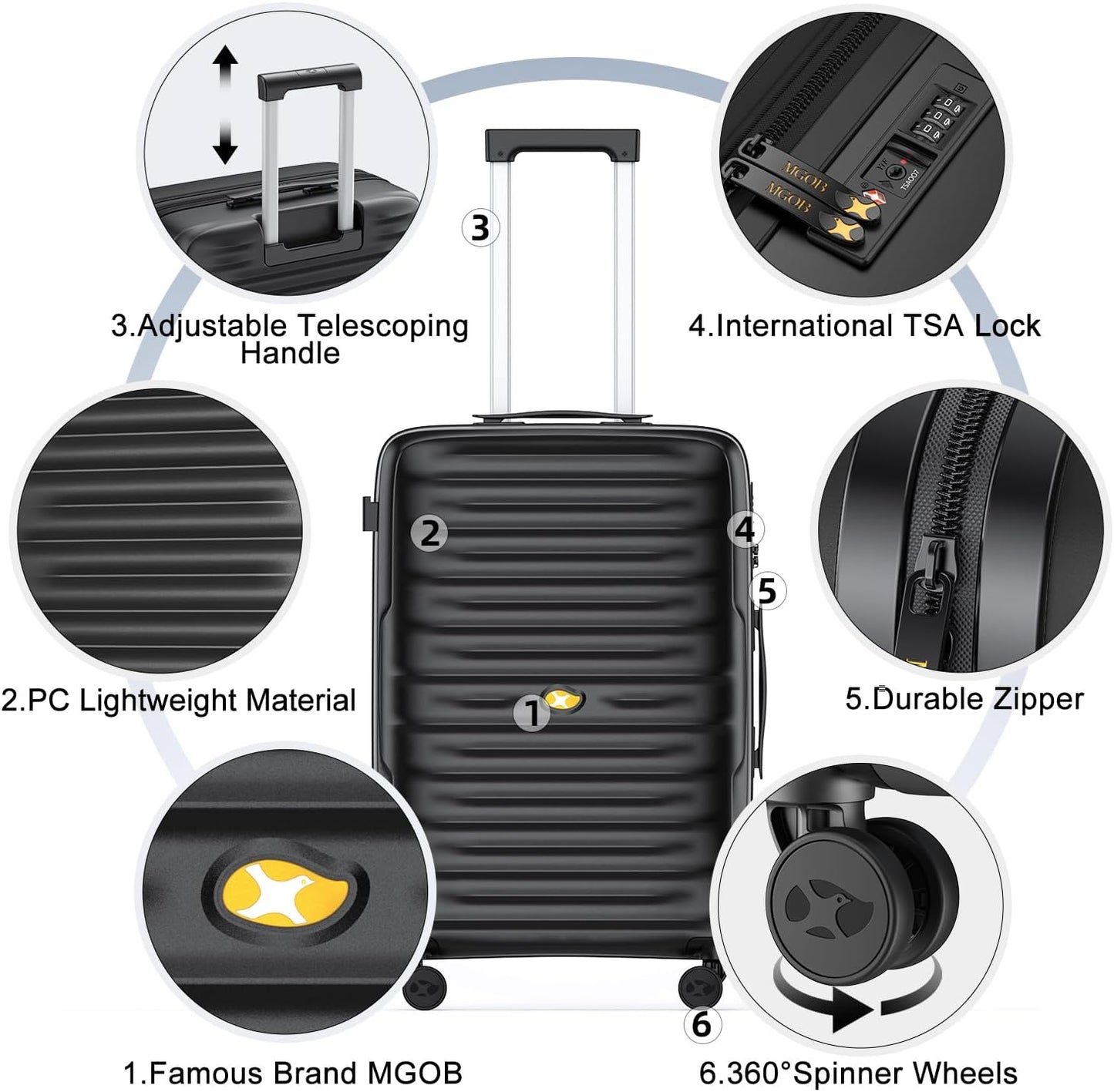 Dluxe Ave. Carry On Luggage/PC Hard Suitcase/Spinner Wheels/ Lightweight/TSA Approved (Black)22x14x9, 20 Inch