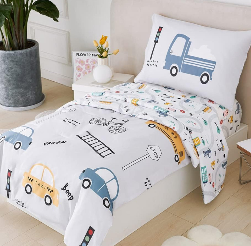 Dluxe Ave. ( TODDLER ) 4 Pcs Comforter and Bedding Set, Light Grey Taxis/Bus/Trucks