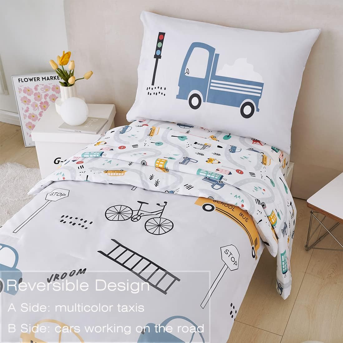 Dluxe Ave. ( TODDLER ) 4 Pcs Comforter and Bedding Set, Light Grey Taxis/Bus/Trucks